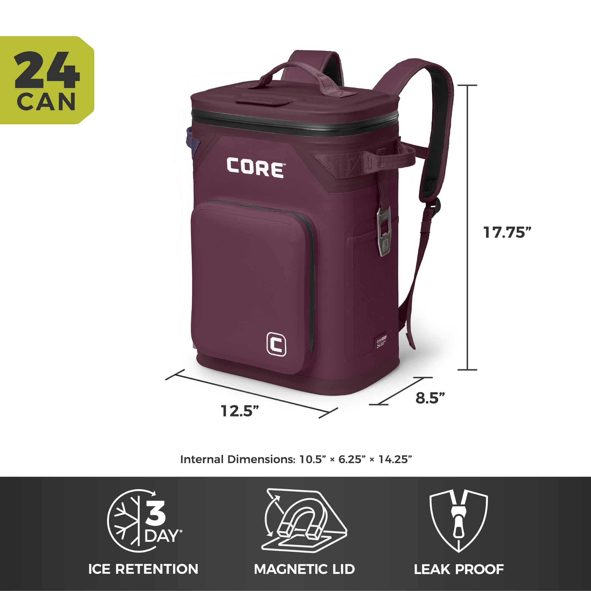 CORE Climakeep 24 can mulberry backpack cooler, 17.75 x 12.5 x 8.5 in, with 3-day ice retention, magnetic lid, and leakproof design.