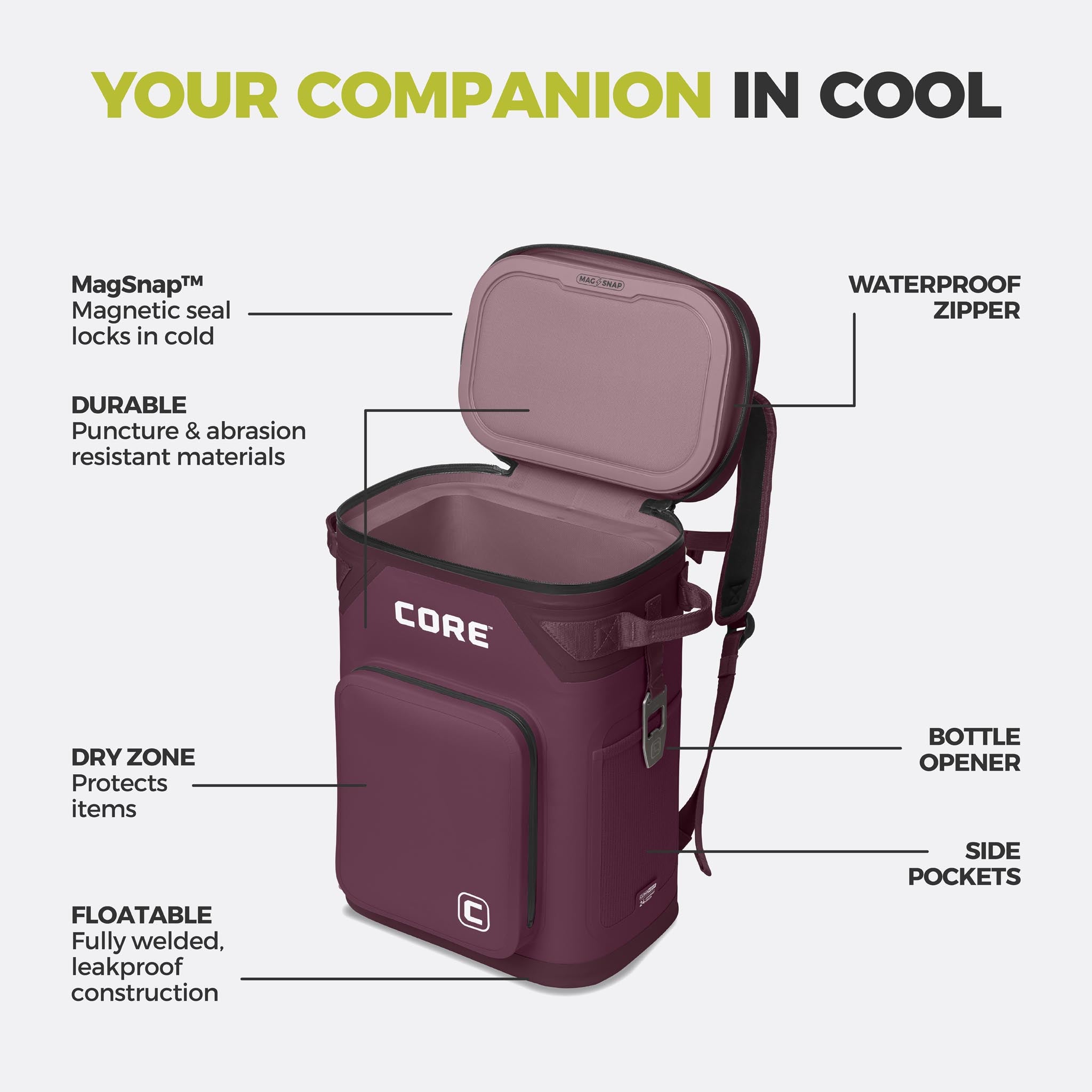 CORE 24 can Climakeep mulberry backpack cooler with waterproof zipper, magnetic seal, dry zone, bottle opener, side pockets, and durable build.