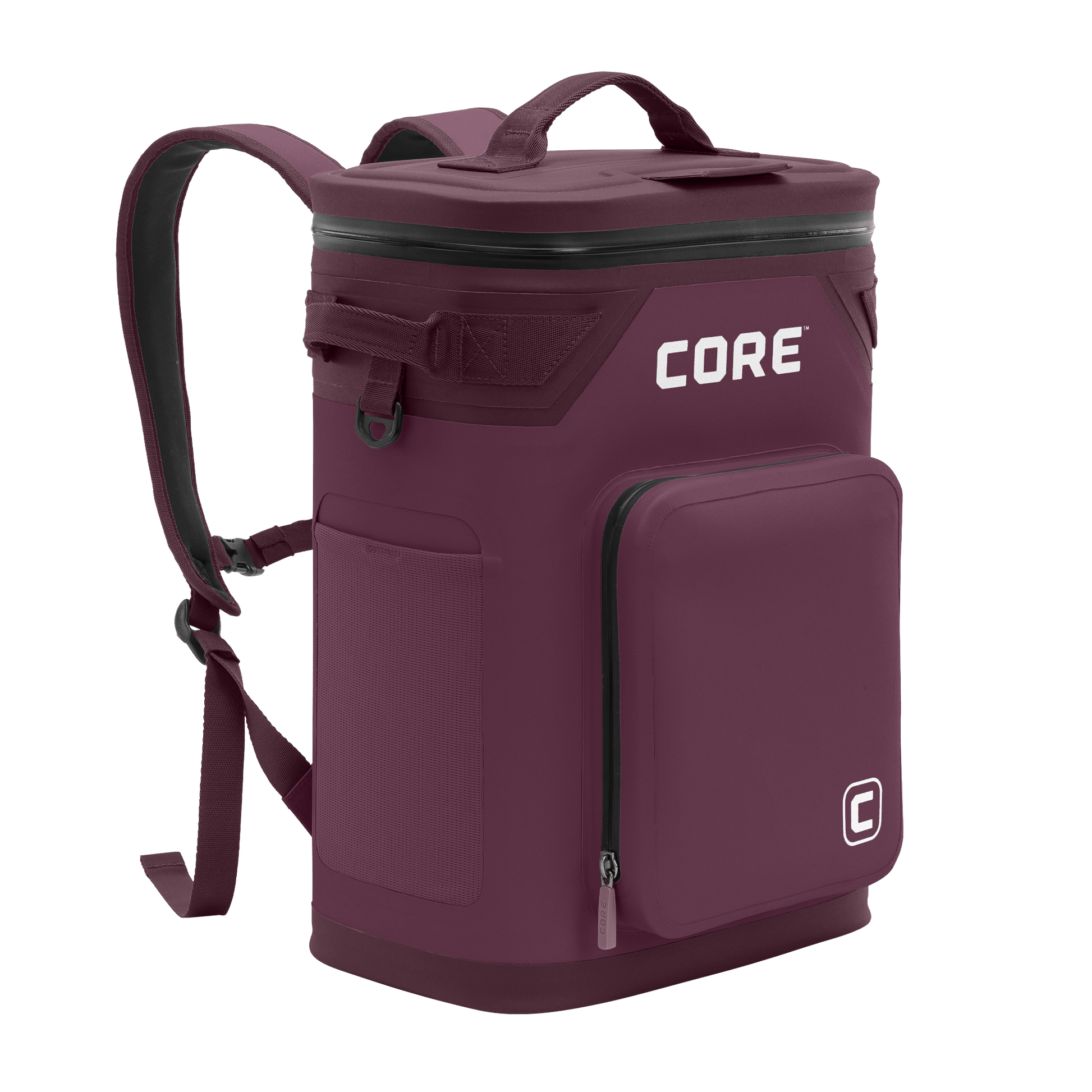 CORE Climakeep 24 can cooler angled view in mulberry with a waterproof design and a shoulder strap.