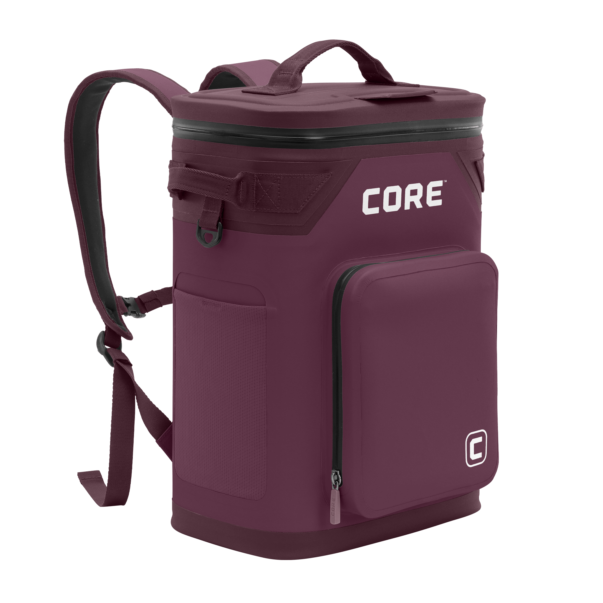 CORE Climakeep 24 can cooler angled view in mulberry with a waterproof design and a shoulder strap.