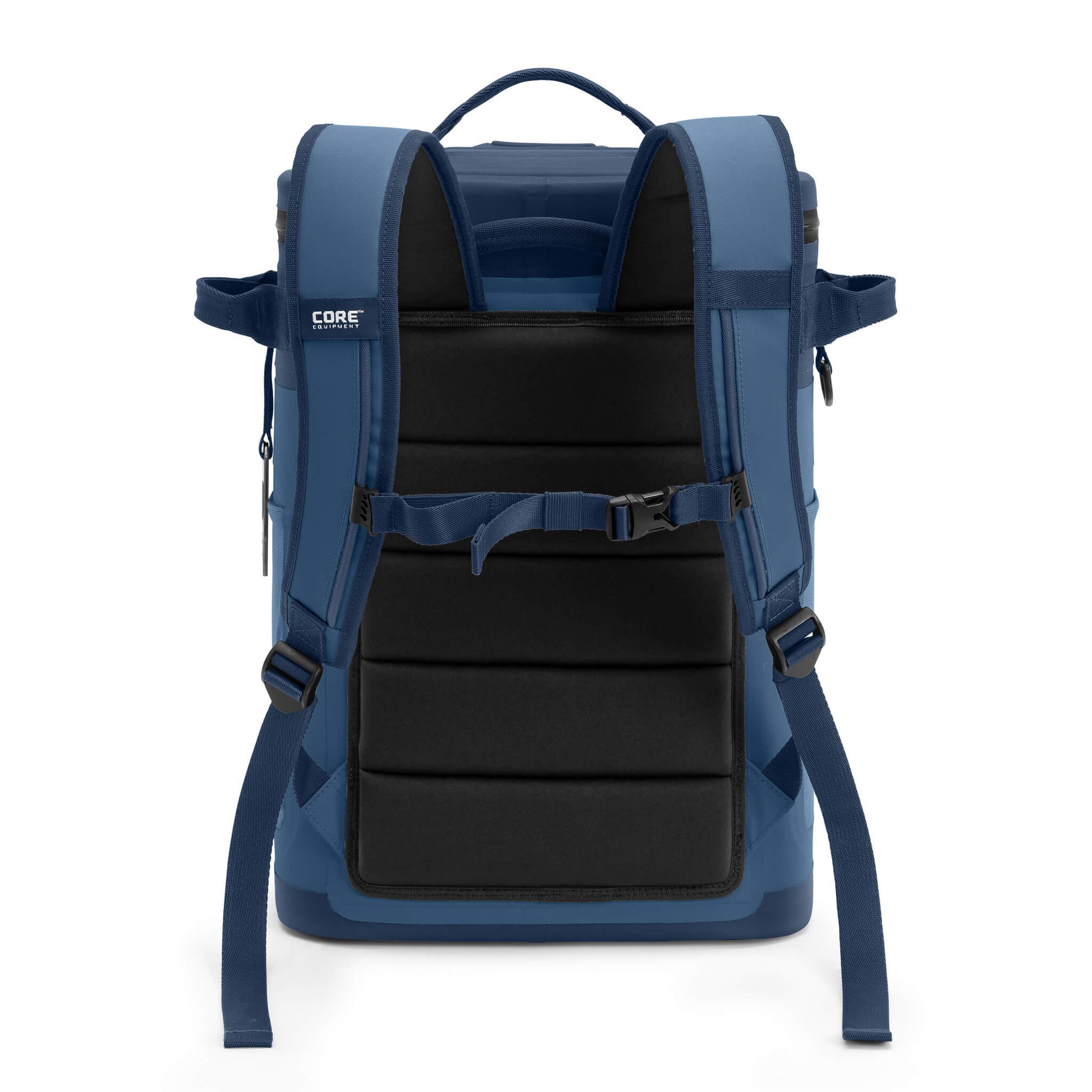 Back view of CORE Climakeep 24 Can Backpack Cooler in Navy with padded backpack straps and chest buckle.