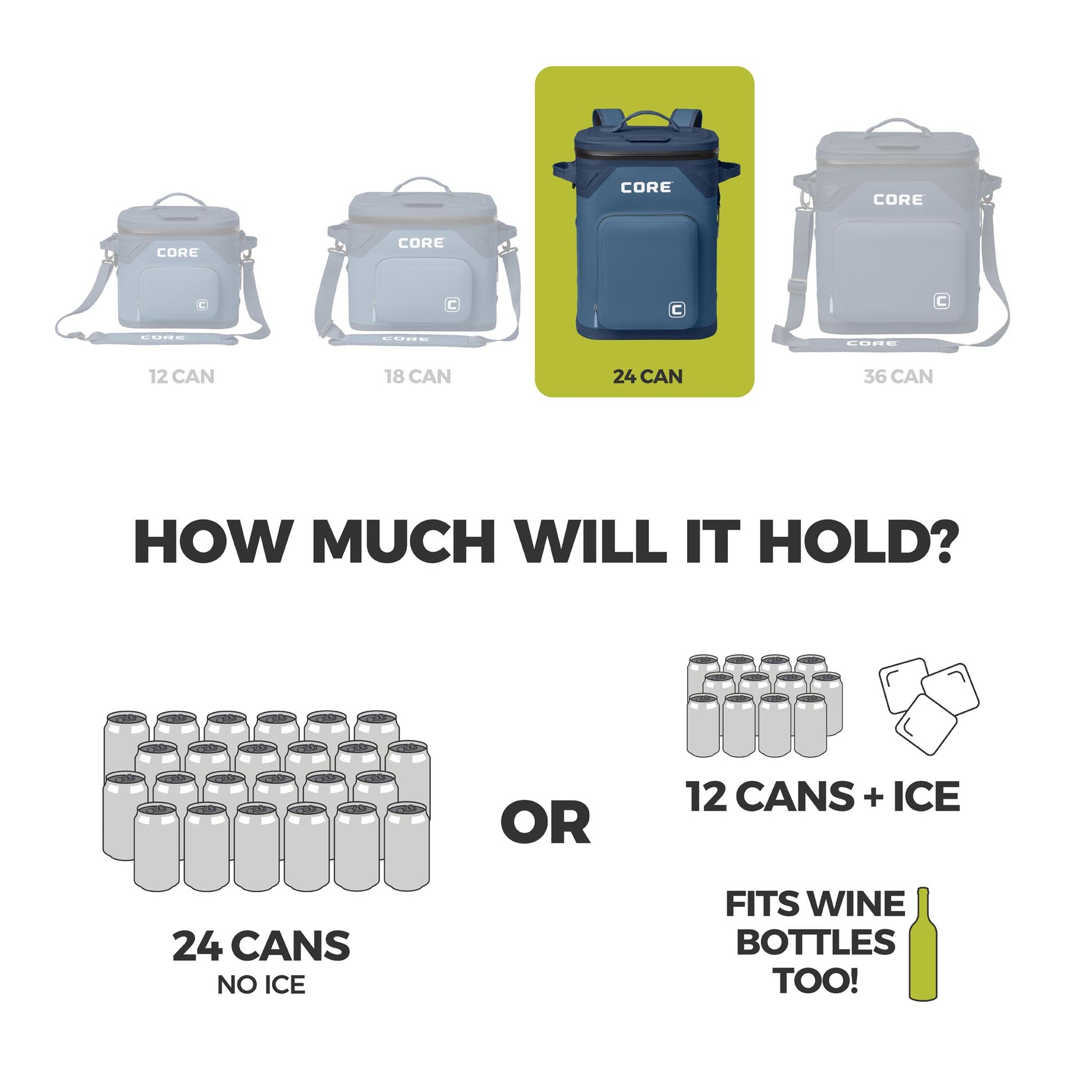 Graphic of CORE 24 can Climakeep navy backpack cooler showing capacity: 24 cans, 12 with ice, or wine bottles, plus size comparison.