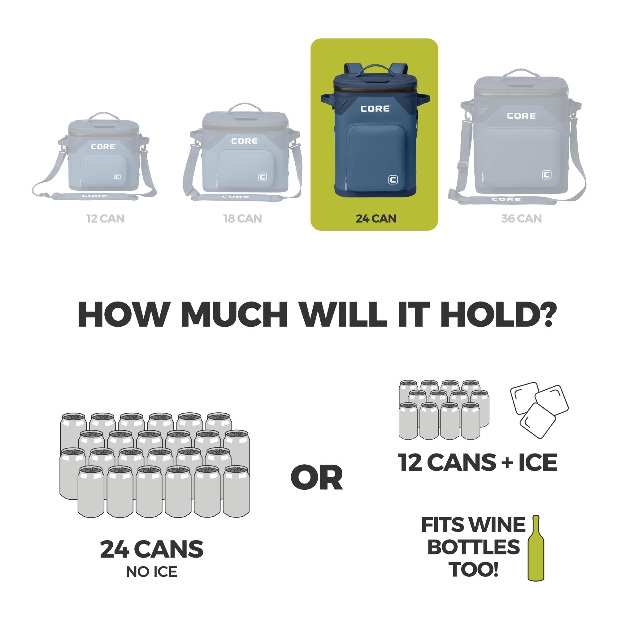 Graphic of CORE 24 can Climakeep navy backpack cooler showing capacity: 24 cans, 12 with ice, or wine bottles, plus size comparison.