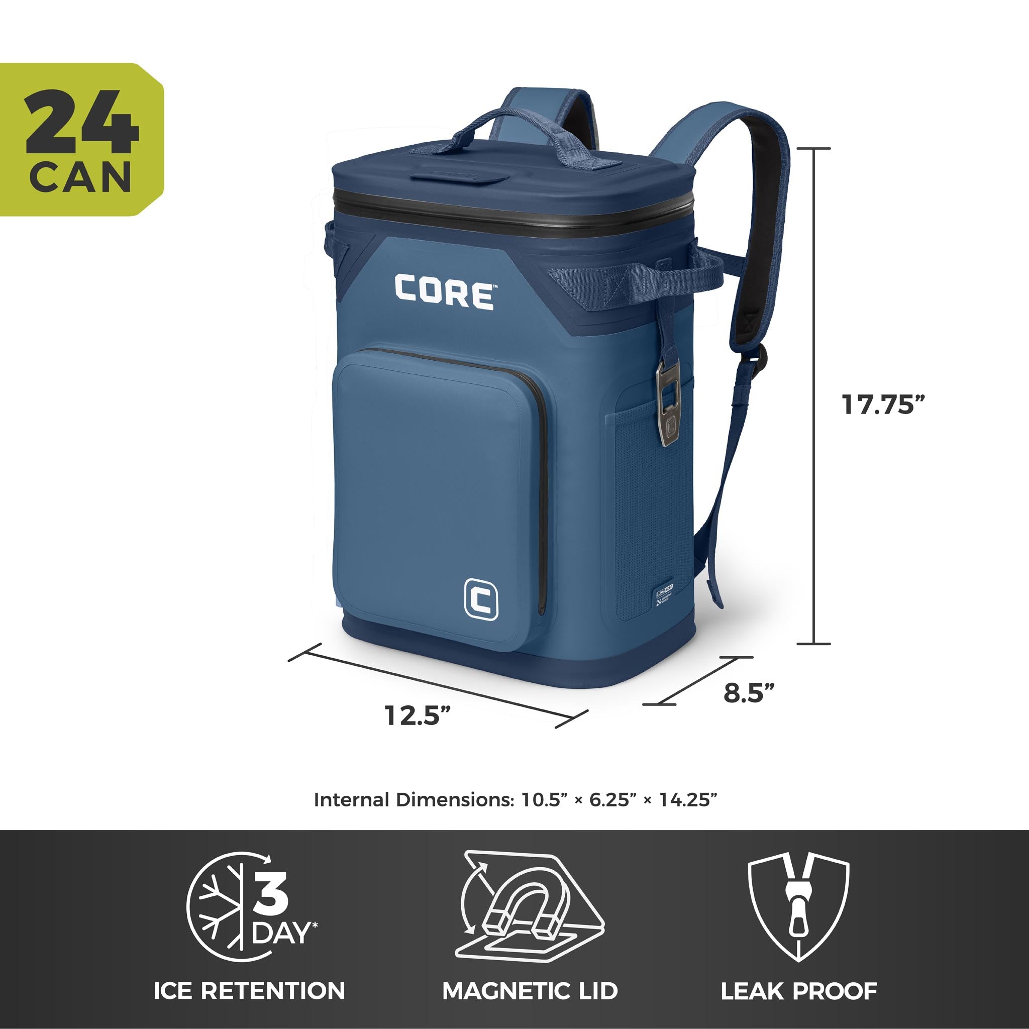 CORE Climakeep 24 can navy backpack cooler, 17.75 x 12.5 x 8.5 in, with 3-day ice retention, magnetic lid, and leakproof design.