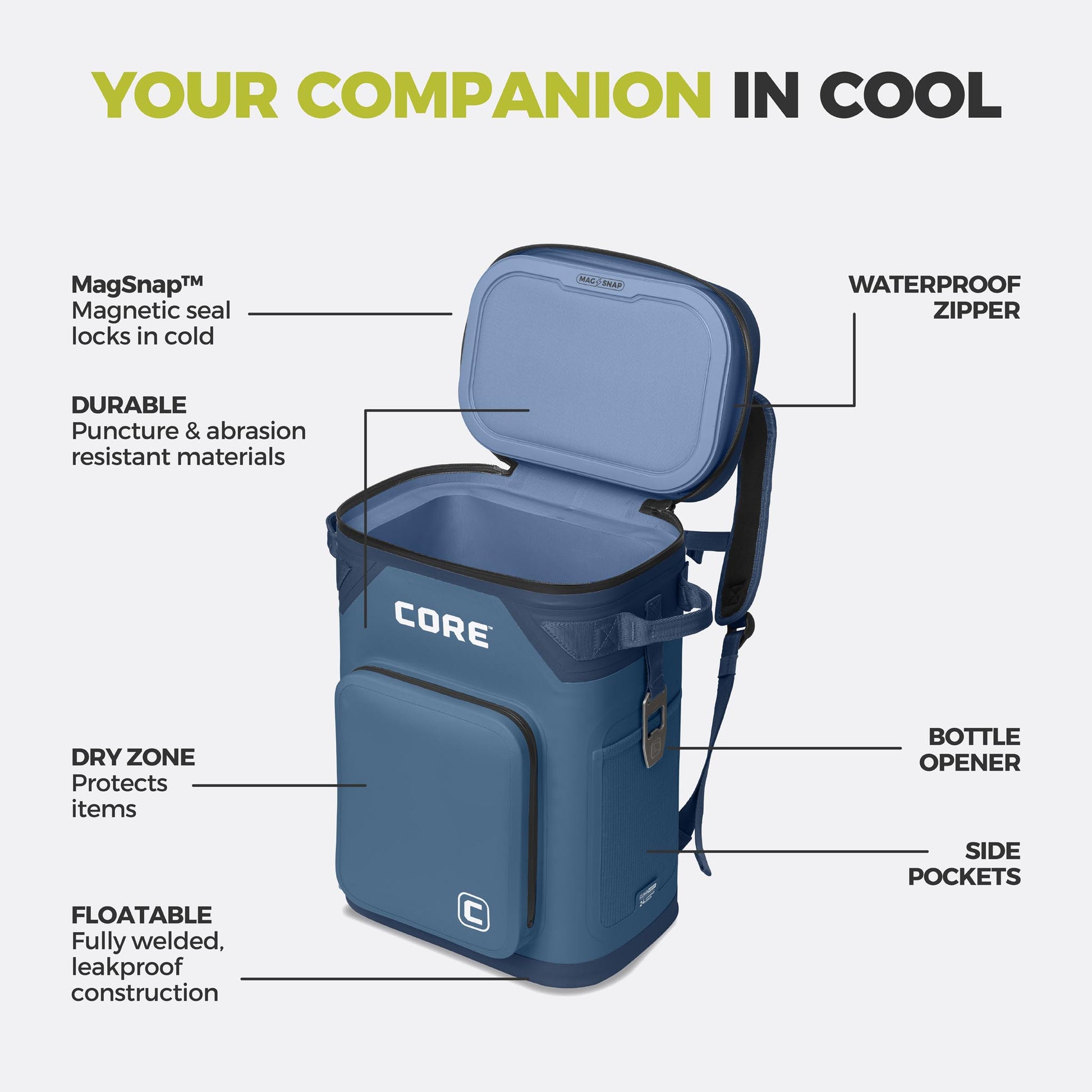 CORE 24 can Climakeep navy backpack cooler with waterproof zipper, magnetic seal, dry zone, bottle opener, side pockets, and durable build.