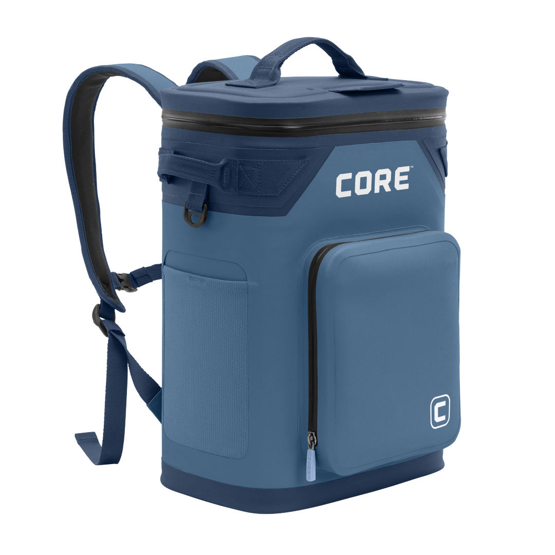 CORE Climakeep 24 can cooler angled view in navy with a waterproof design and a shoulder strap.