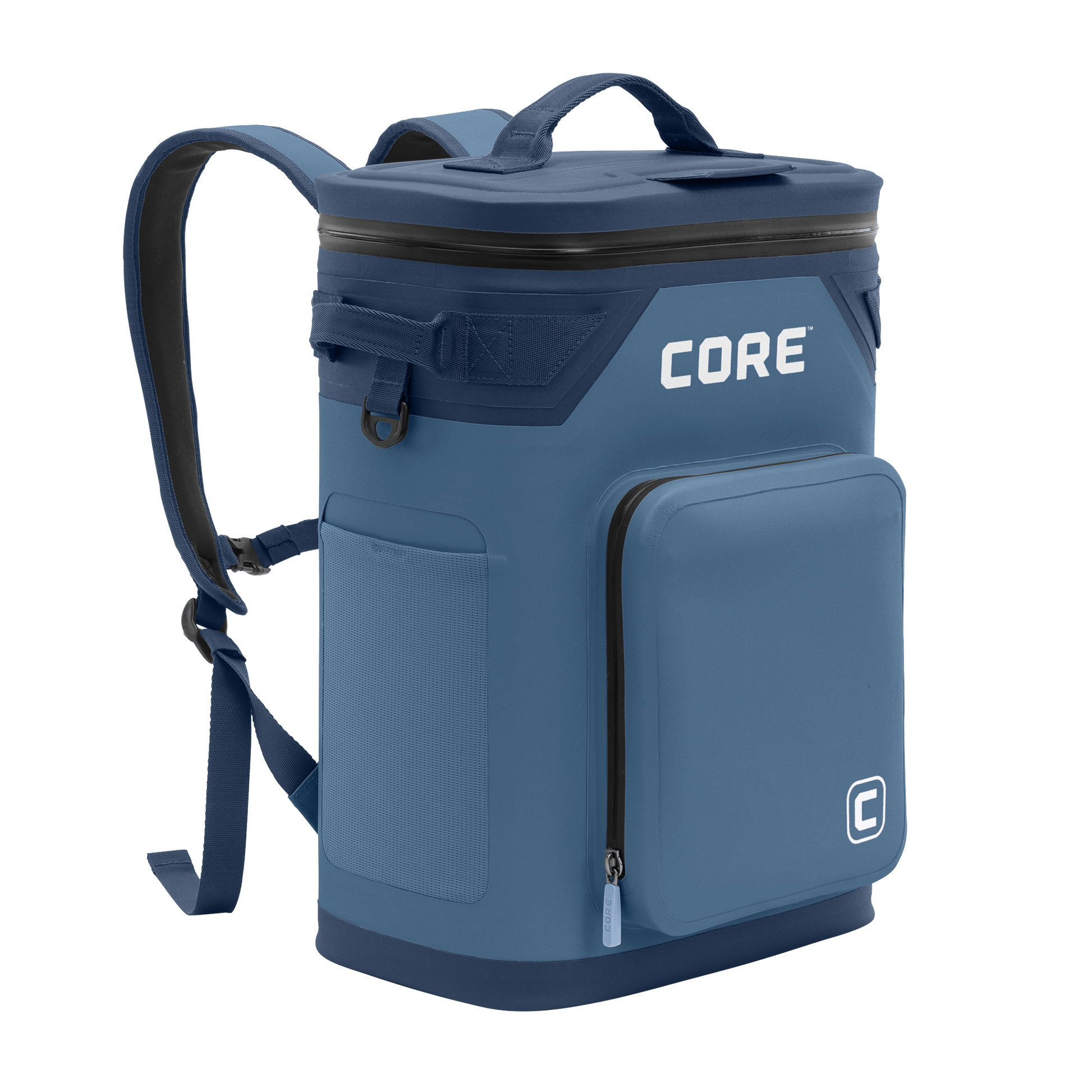 CORE Climakeep 24 can cooler angled view in navy with a waterproof design and a shoulder strap.