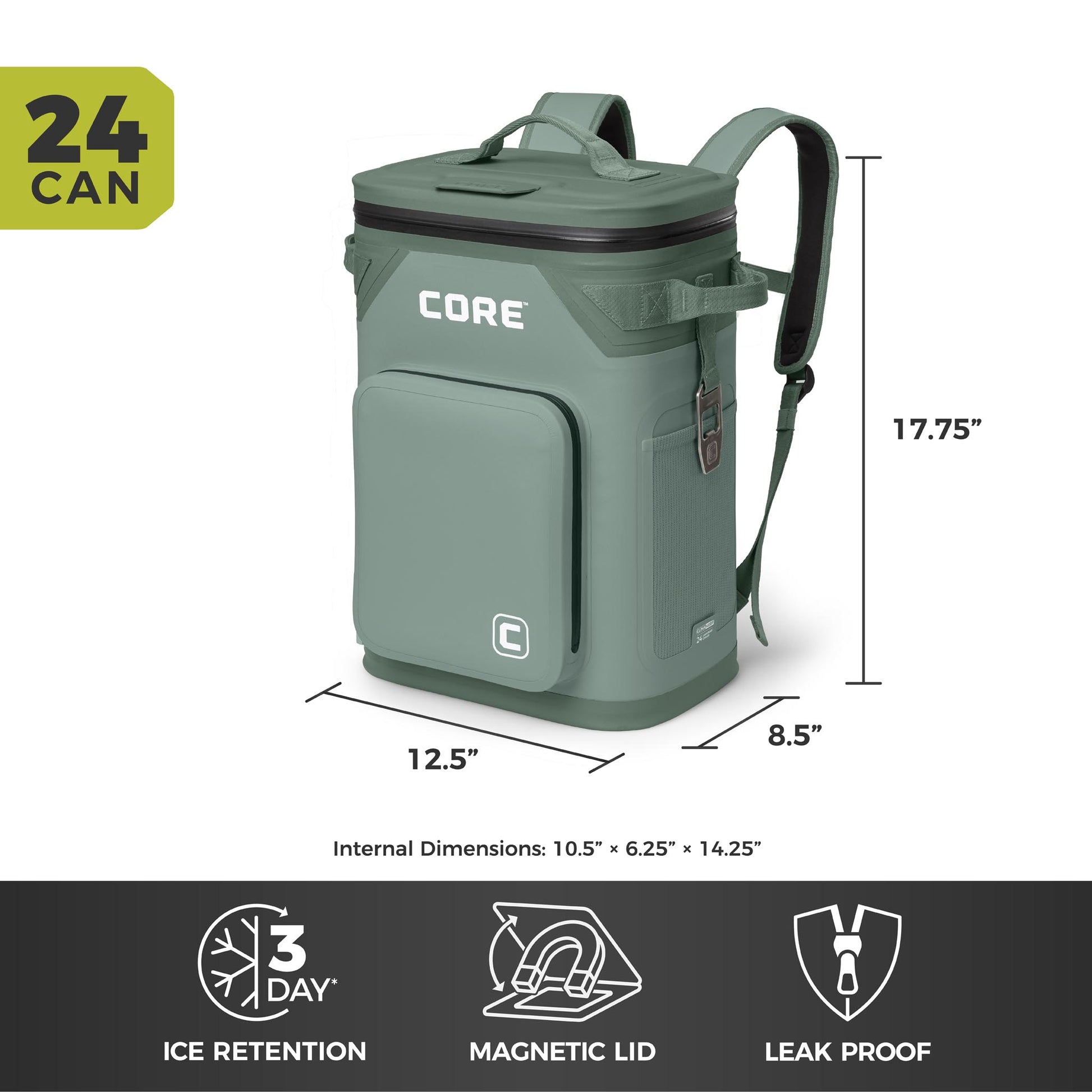 CORE Climakeep 24 can sage backpack cooler, 17.75 x 12.5 x 8.5 in, with 3-day ice retention, magnetic lid, and leakproof design.