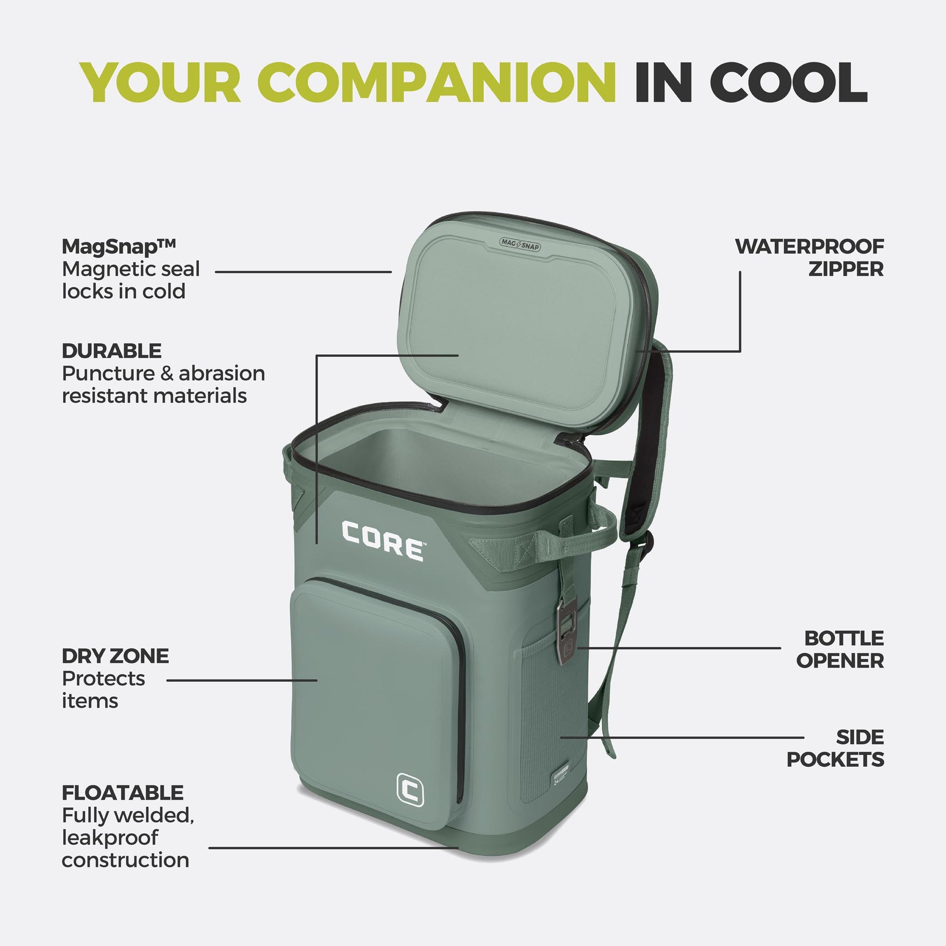 CORE 24 can Climakeep sage backpack cooler with waterproof zipper, magnetic seal, dry zone, bottle opener, side pockets, and durable build.