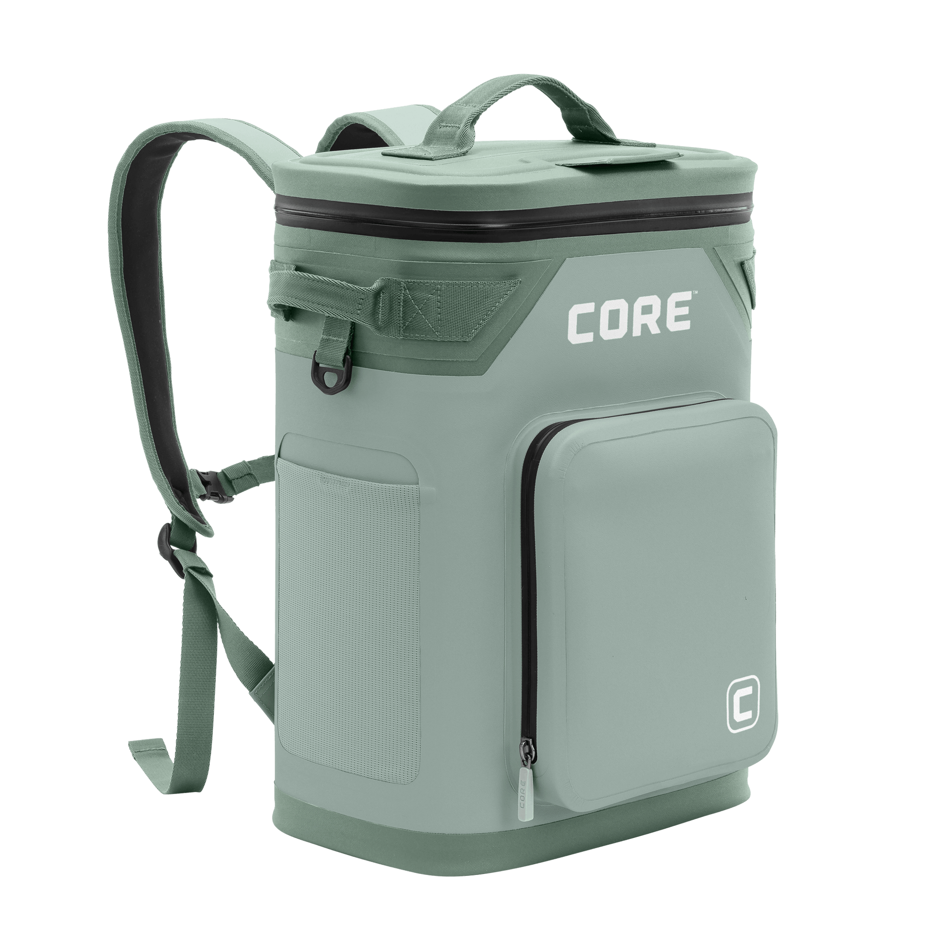 CORE Climakeep 24 can cooler angled view in sage with a waterproof design and a shoulder strap.