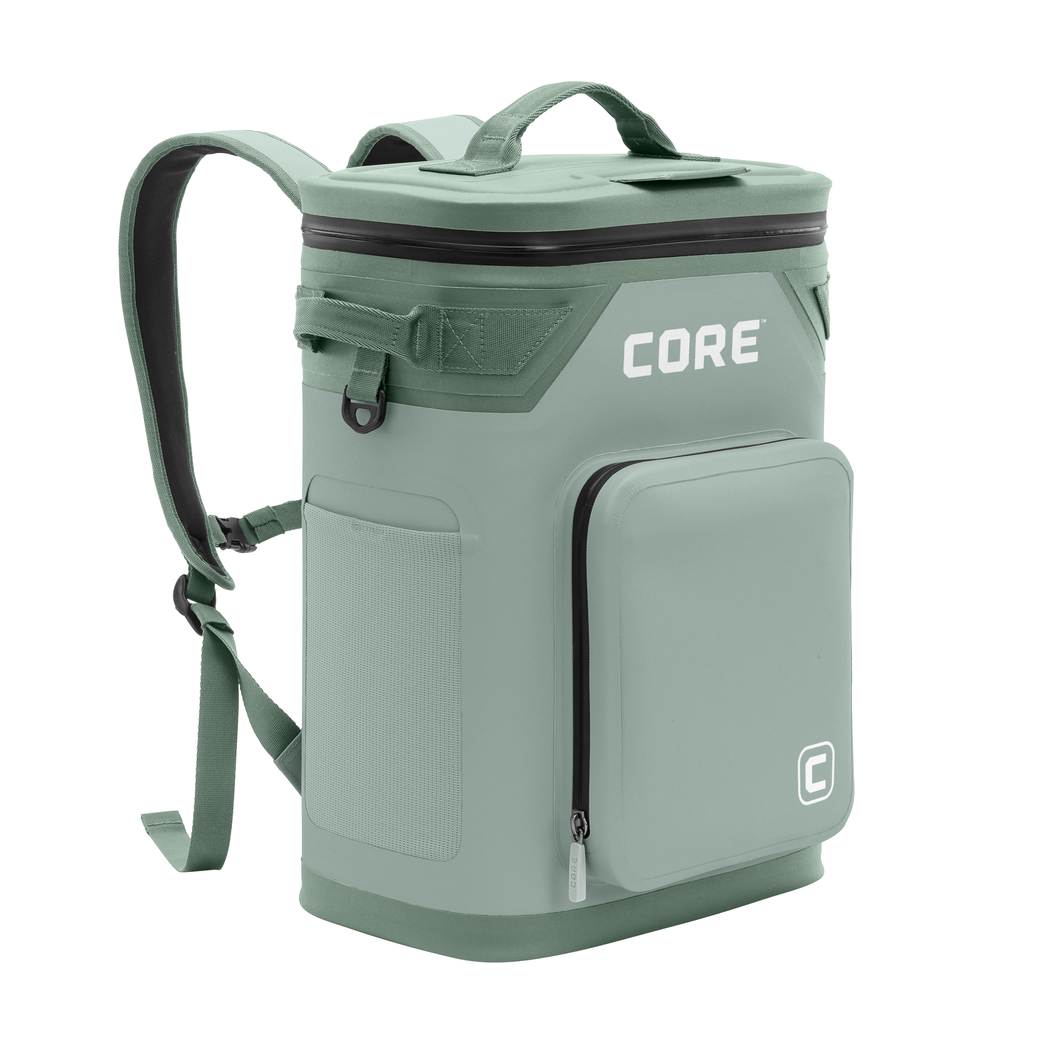 CORE Climakeep 24 can cooler angled view in sage with a waterproof design and a shoulder strap.