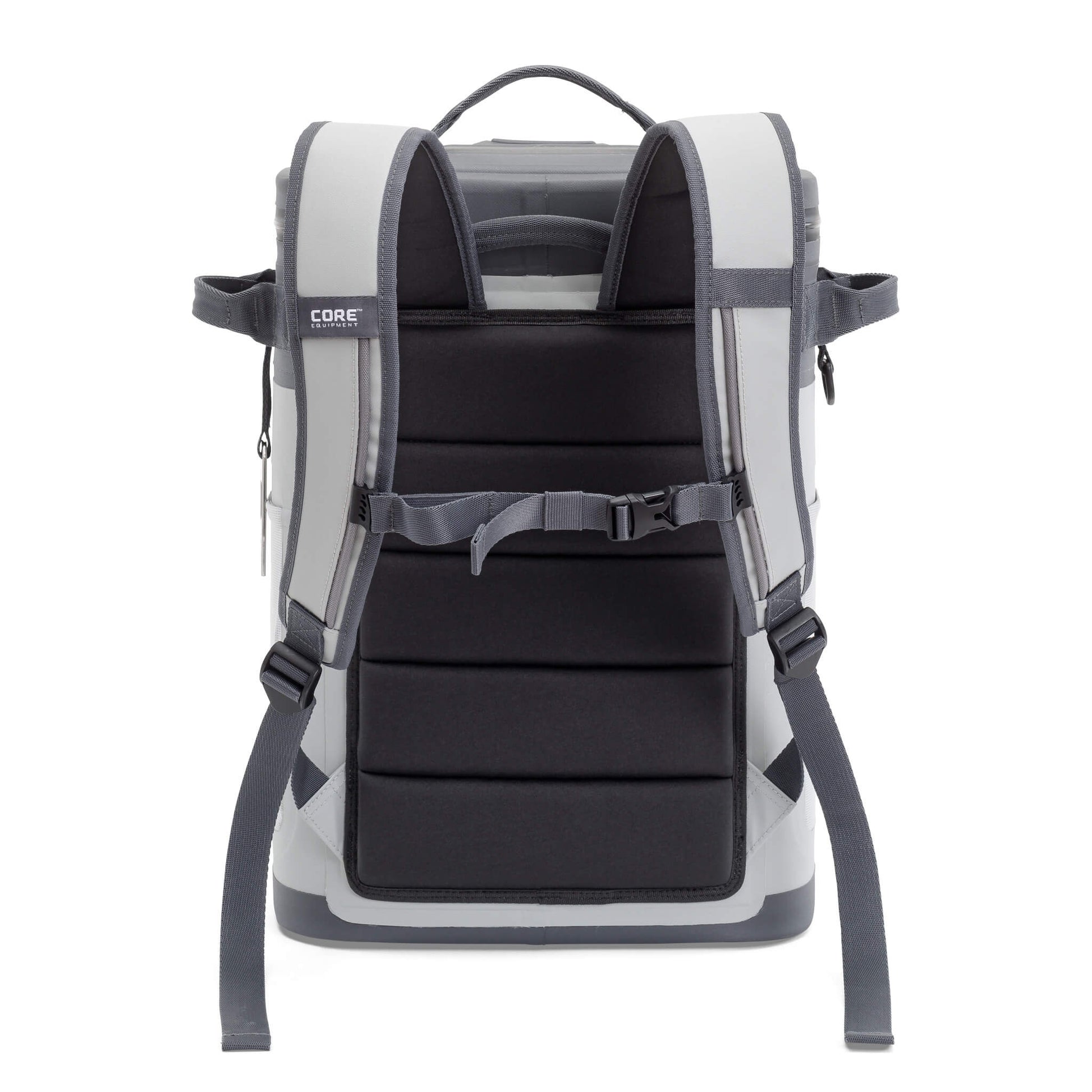 Back view of CORE Climakeep 24 can shadow gray cooler with padded backpack straps and chest buckle.