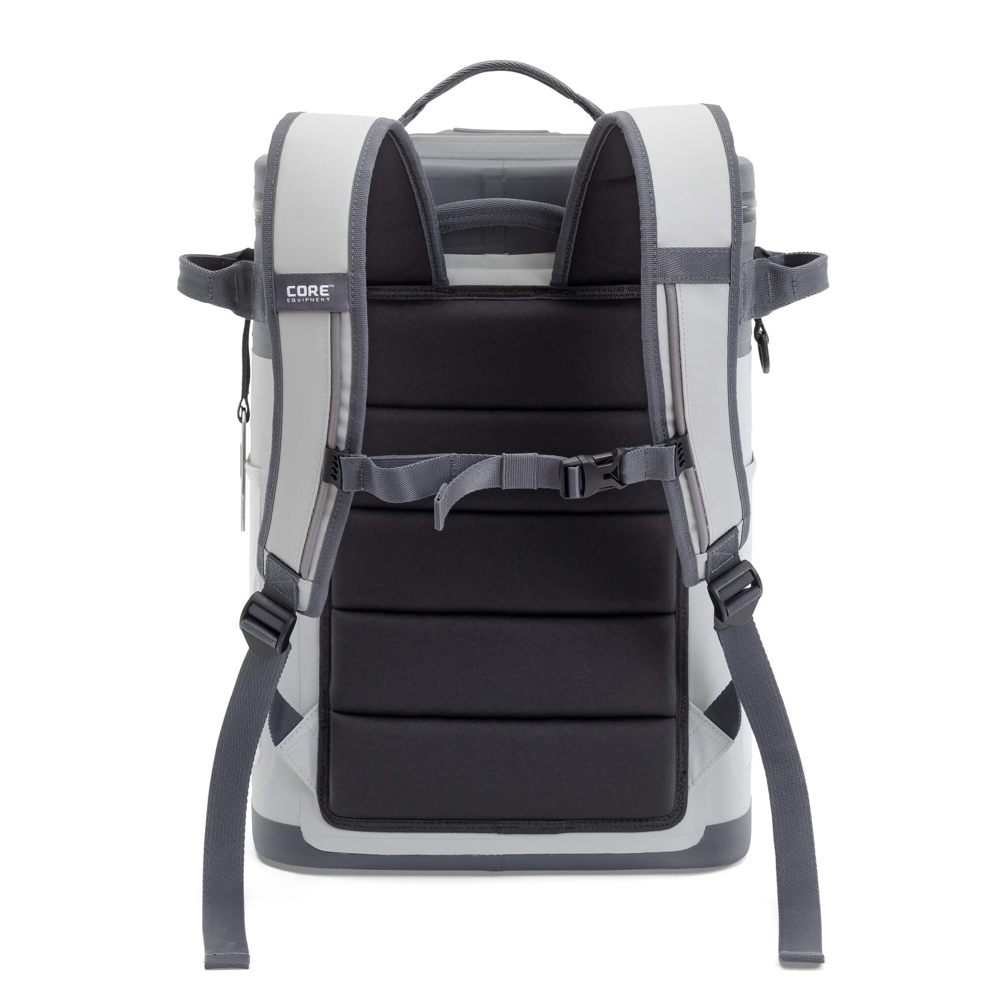 Back view of CORE Climakeep 24 can shadow gray cooler with padded backpack straps and chest buckle.