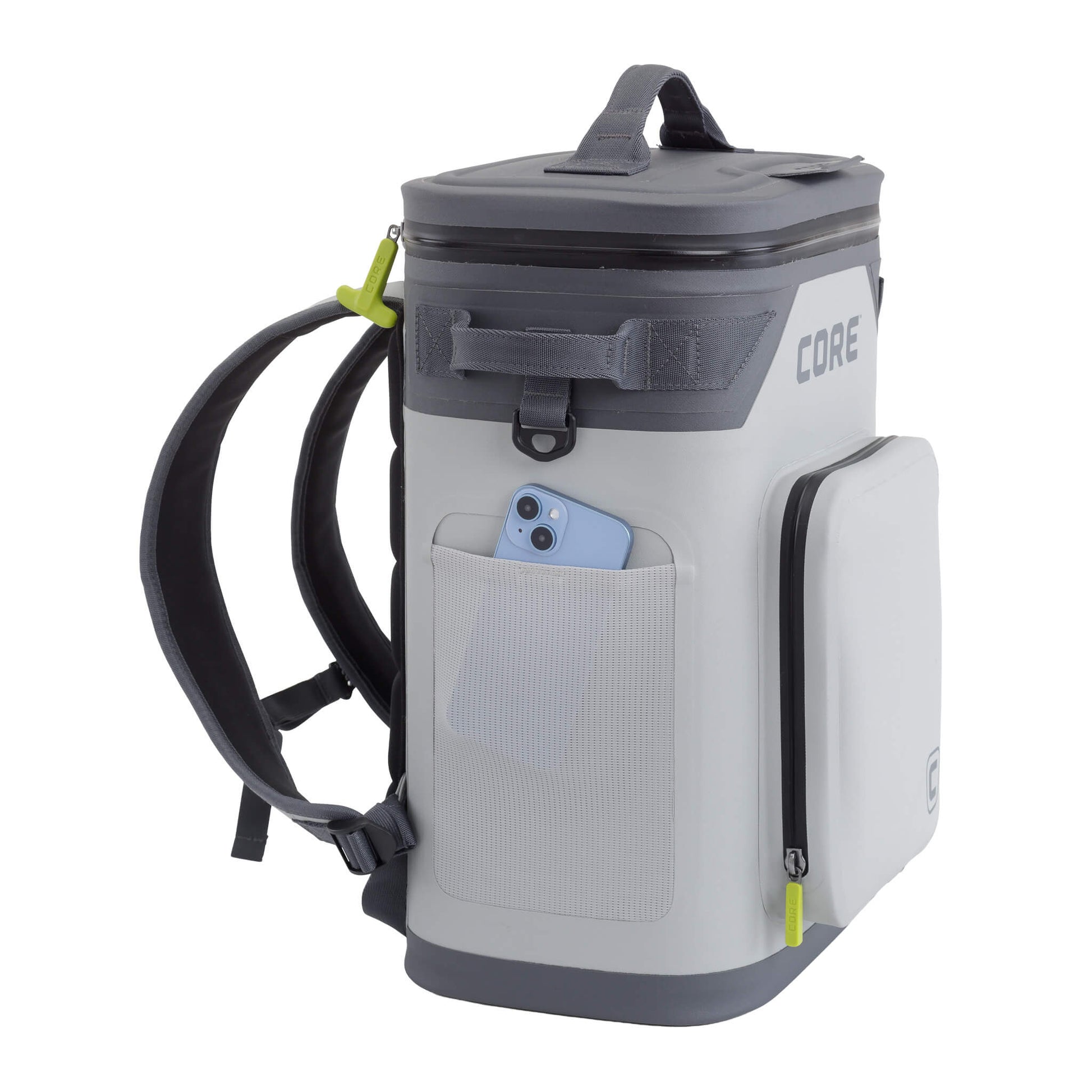 CORE Climakeep 24 can backpack cooler in shadow gray with a mesh side pocket holding a phone and a waterproof build.