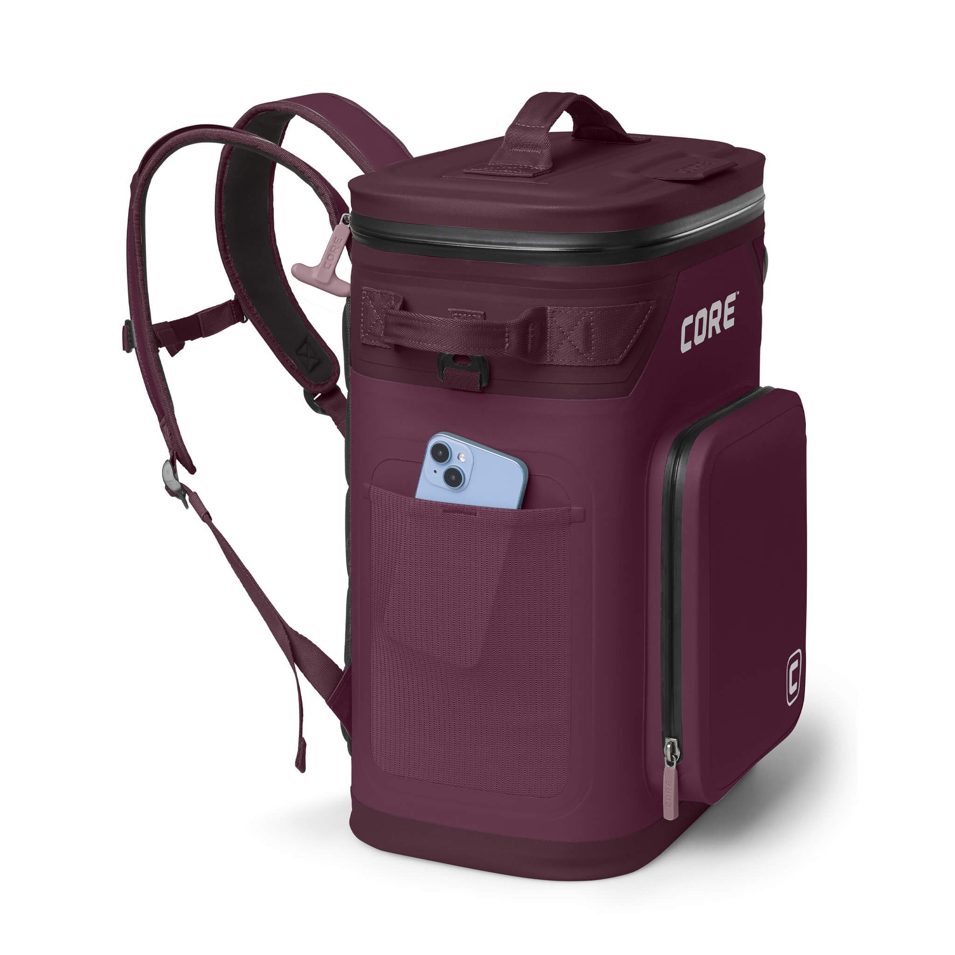 CORE Climakeep 24 Can Backpack in Mulberry with a mesh side pocket holding a phone and a waterproof build.