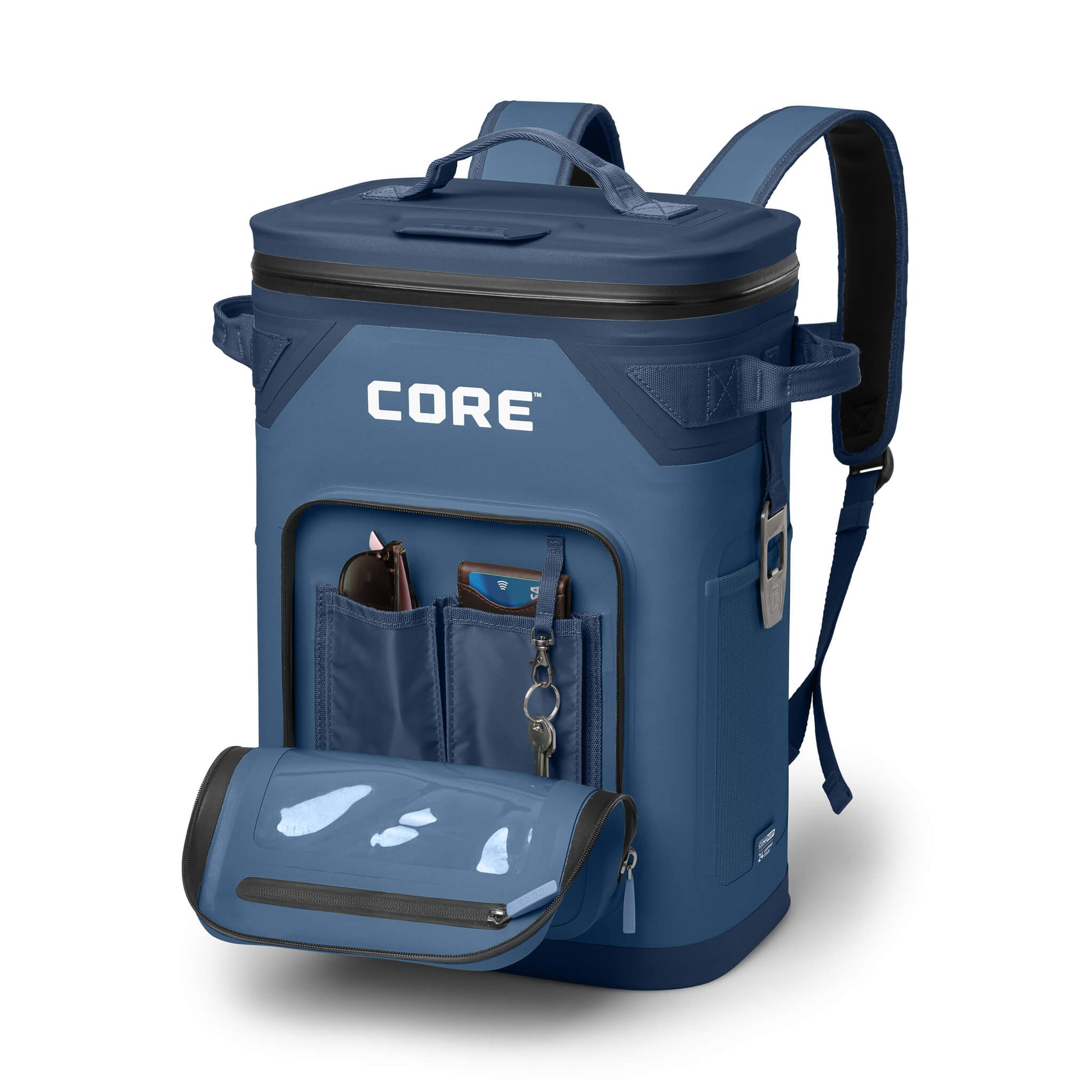 CORE Climakeep 24 Can Backpack in Navy with front pocket open, side bottle opener, and waterproof design.