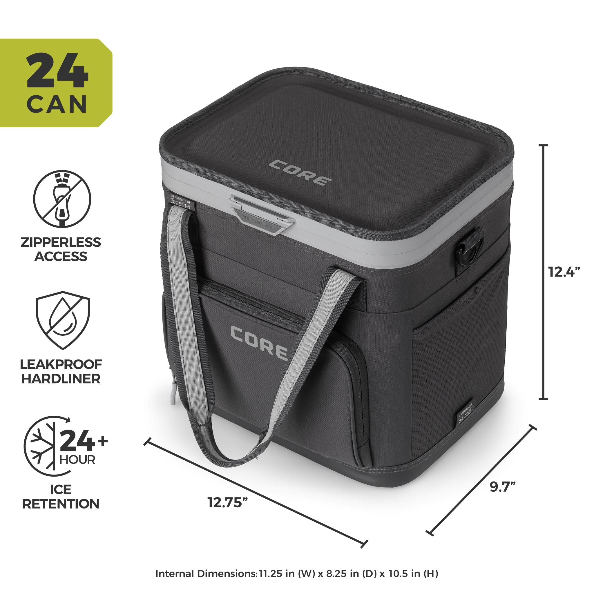 Product image of a 24-can zipperless soft cooler with hardliner interior, carry handle, front pocket, and labeled dimensions.