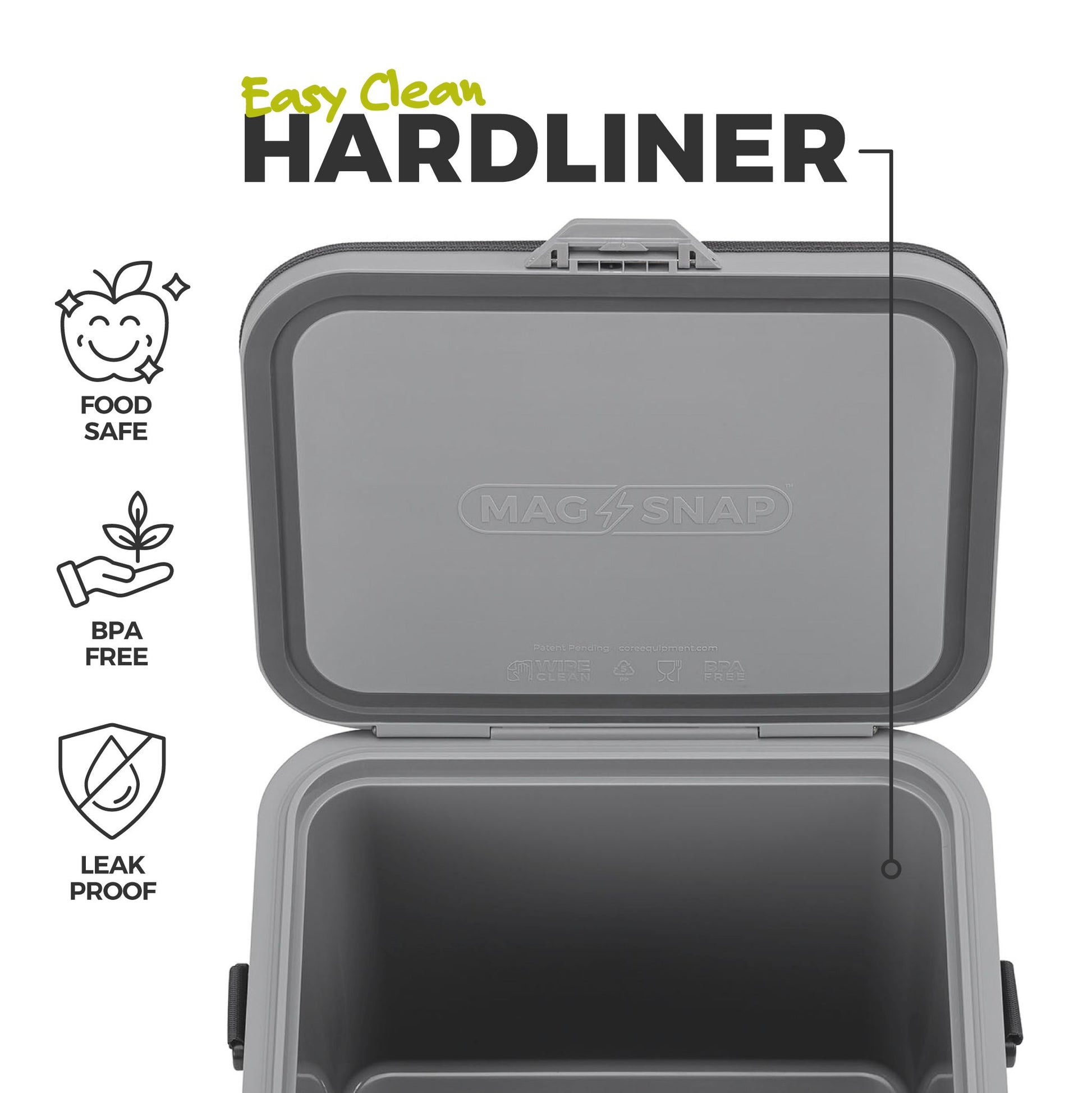 Image of an open charcoal cooler with a smooth hardliner interior, highlighting food-safe, BPA-free, and leak-proof construction.