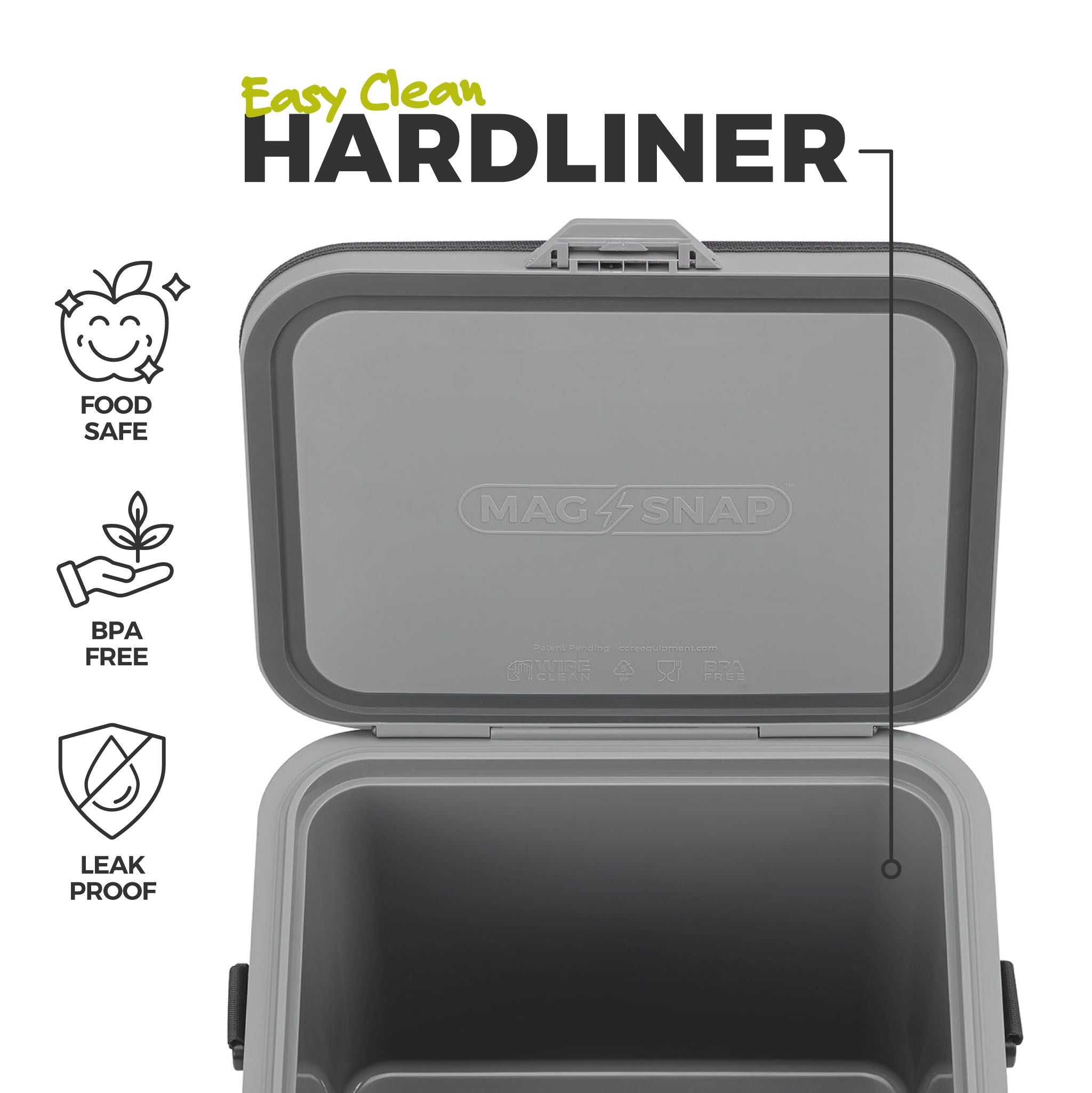 Image of an open charcoal cooler with a smooth hardliner interior, highlighting food-safe, BPA-free, and leak-proof construction.