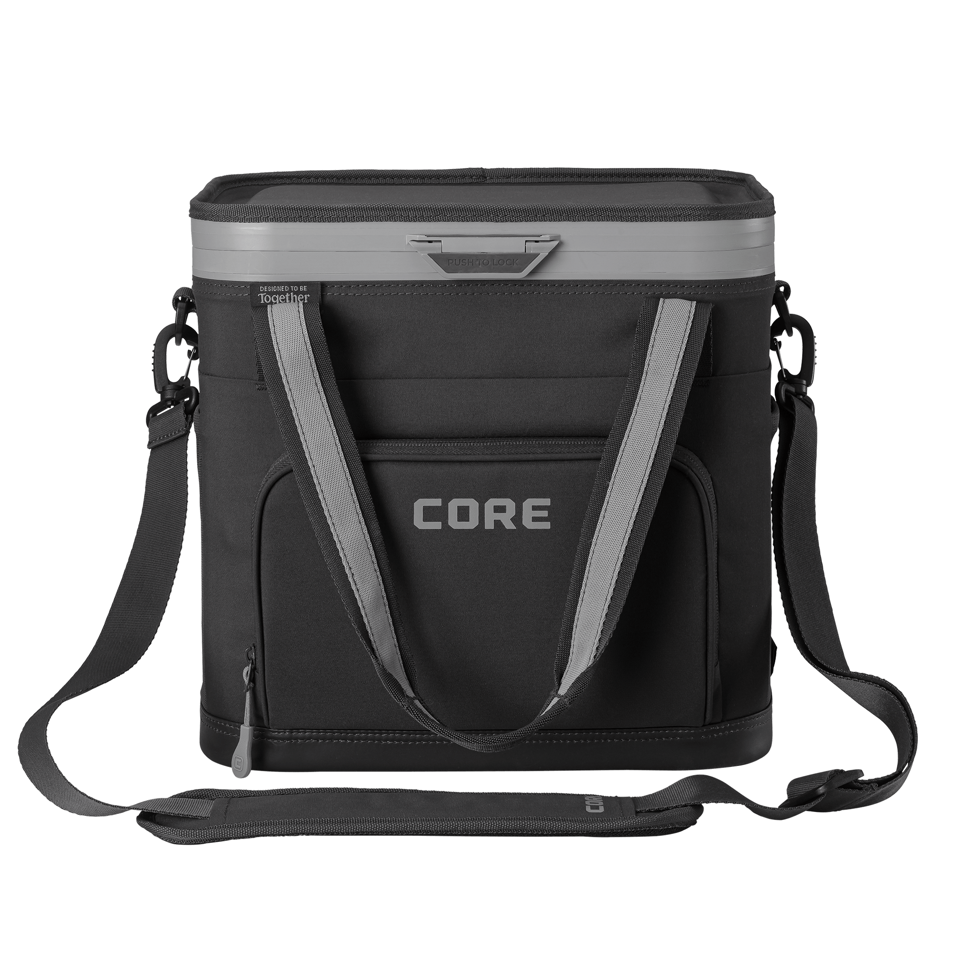 CORE Flipback 24 can cooler front view in charcoal with a shoulder strap.