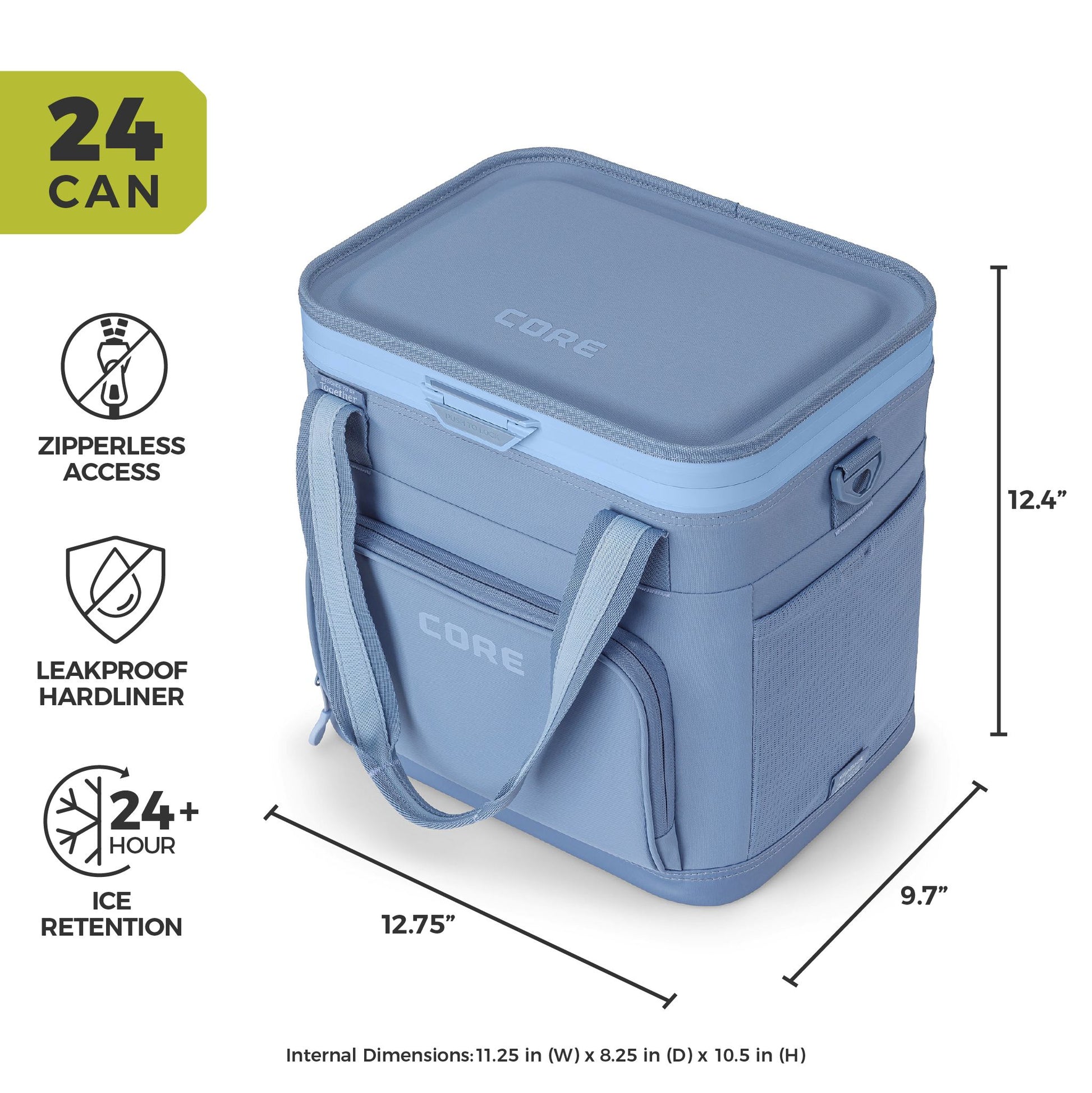 Product image of a 24-can zipperless soft cooler with hardliner interior, carry handle, front pocket, and labeled dimensions.