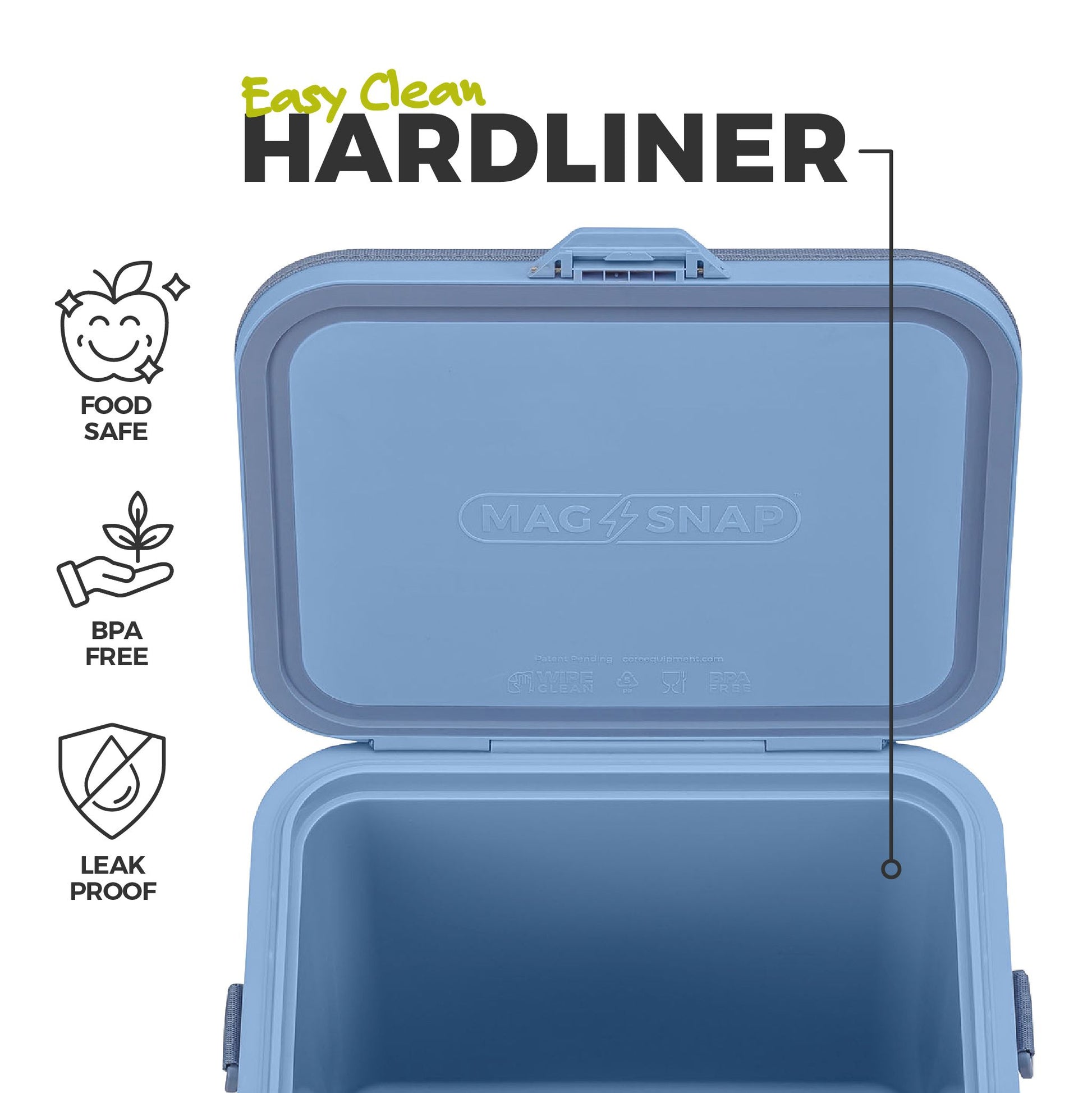 Image of an open blue cooler with a smooth hardliner interior, highlighting food-safe, BPA-free, and leak-proof construction.