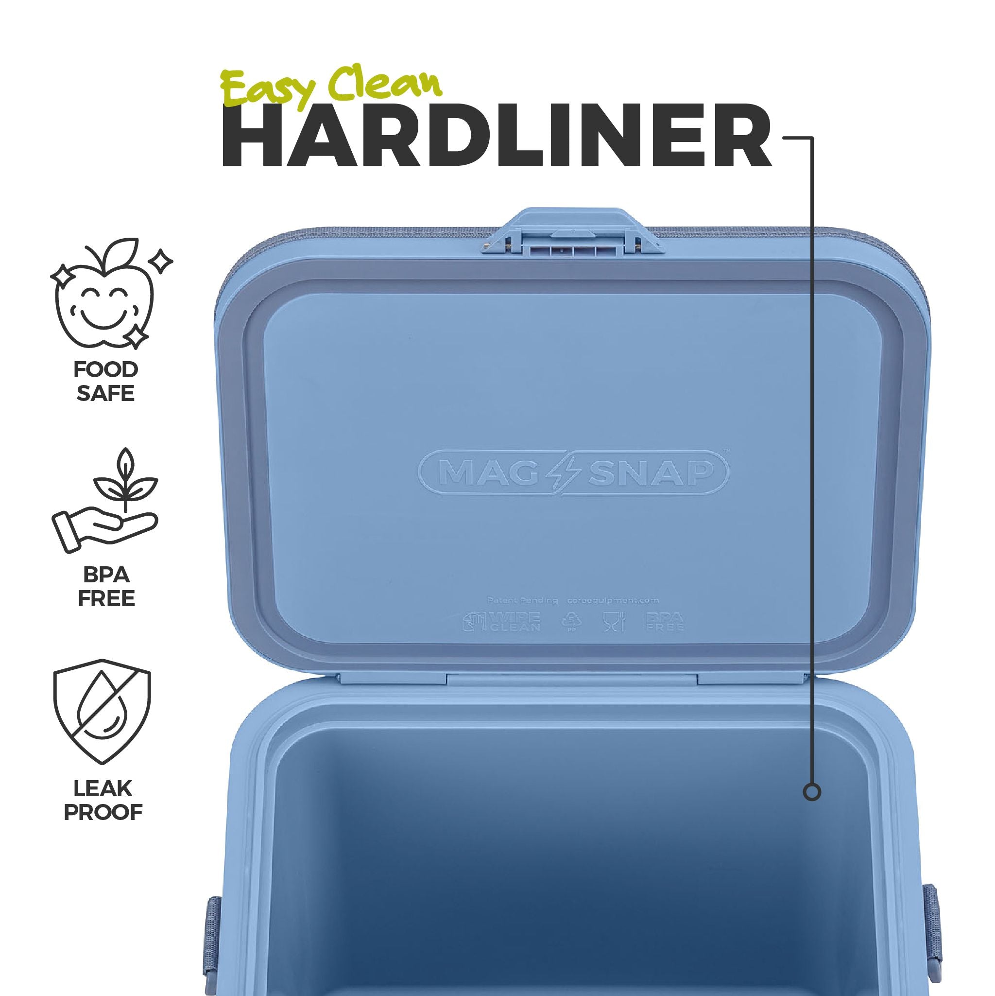Image of an open blue cooler with a smooth hardliner interior, highlighting food-safe, BPA-free, and leak-proof construction.