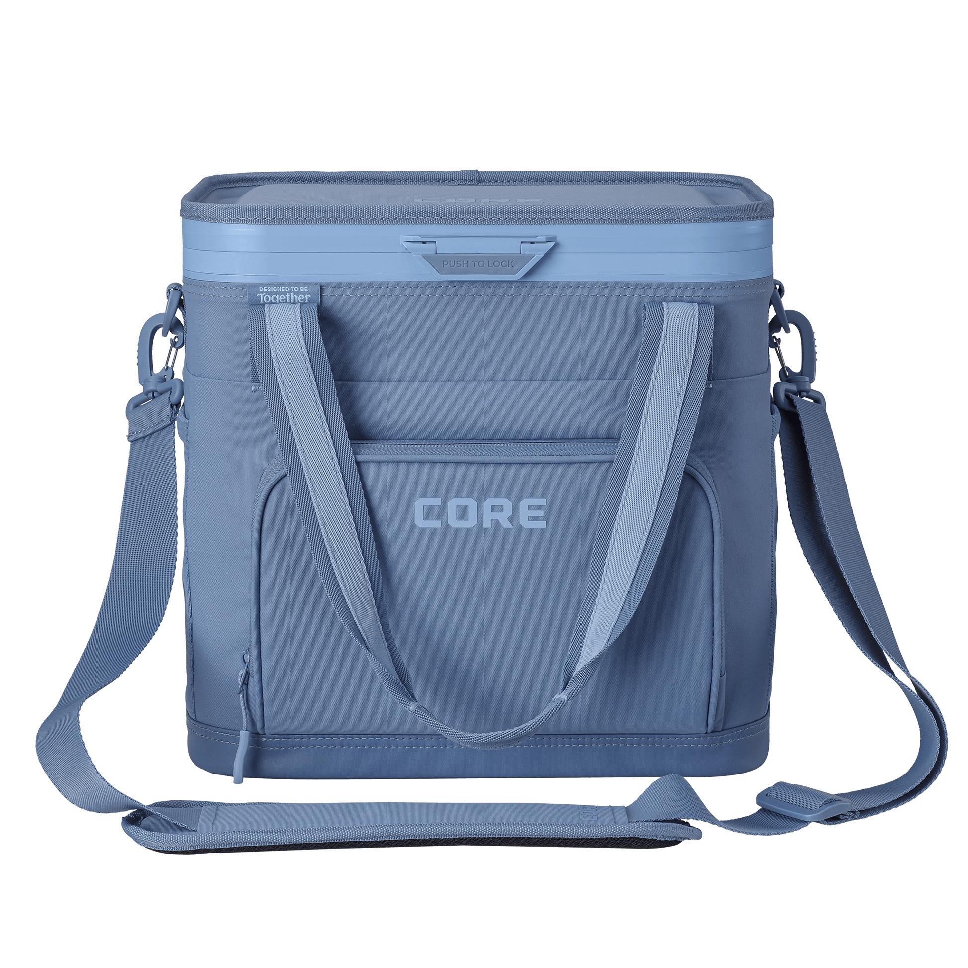 CORE Flipback 24 can cooler front view in charcoal with a shoulder strap.