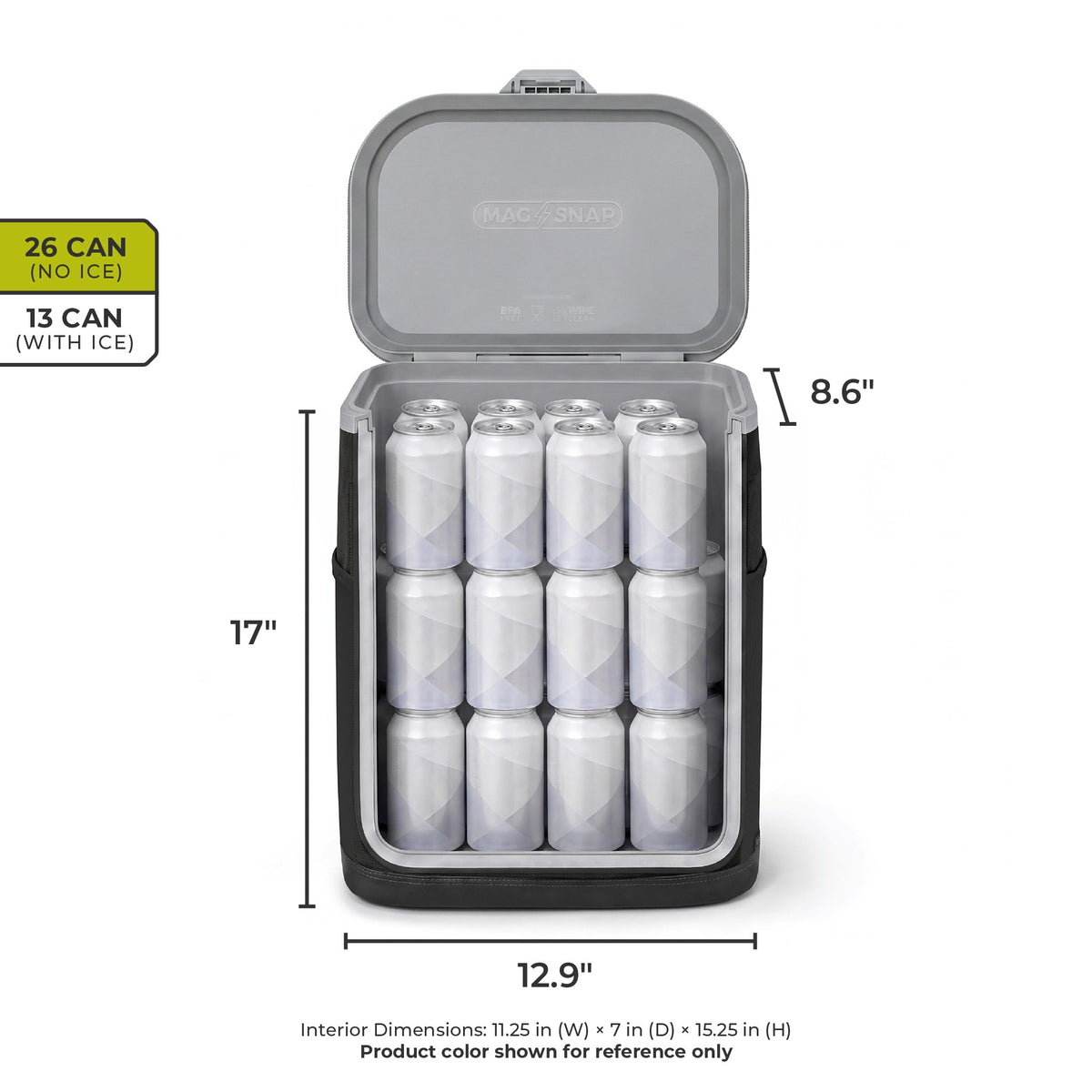 Open CORE 26-can cooler shown filled with cans, highlighting 26-can capacity without ice, 13-can capacity with ice, and product dimensions.