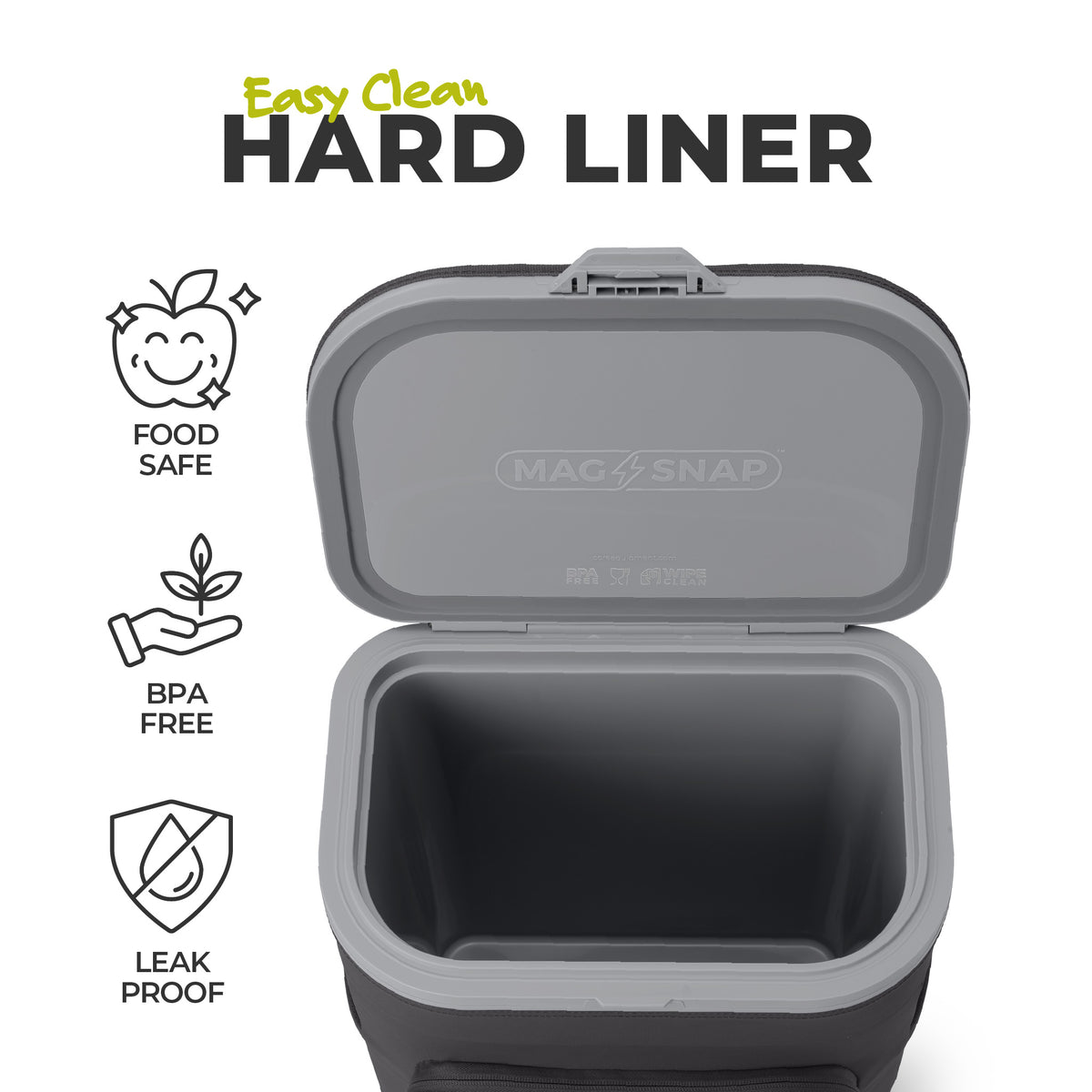 A gray and black Magsnap hard liner cooler shown open on a white background, with marketing text reading 'Easy Clean HARD LINER' and icons for food safe, BPA free, and leak proof.