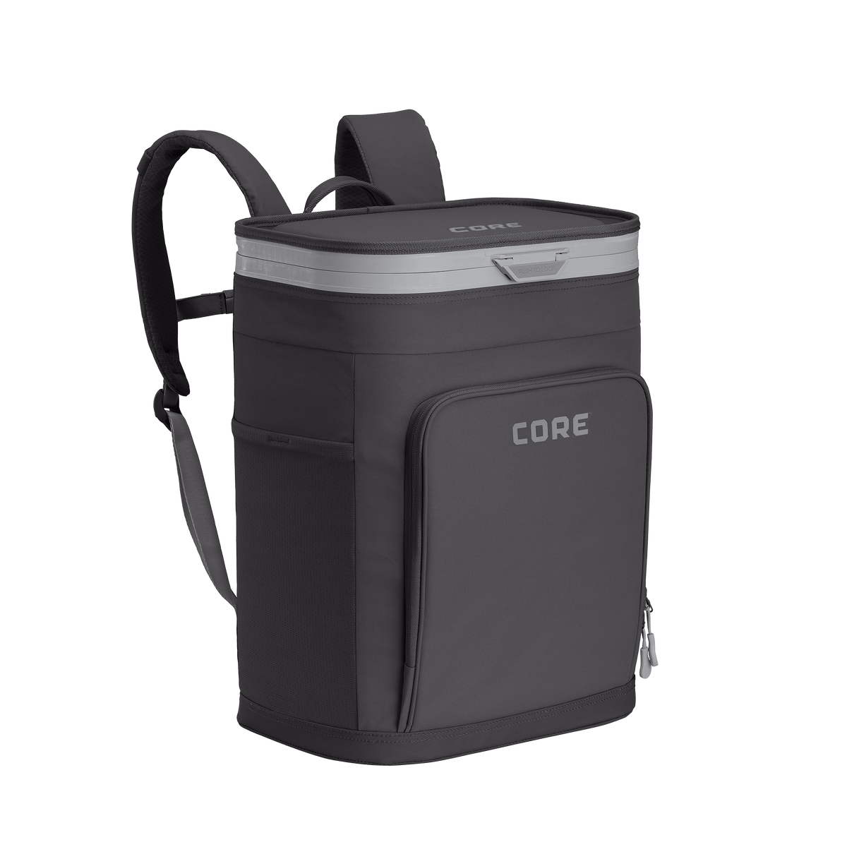 CORE Flipback 26 can backpack cooler side view in charcoal with a shoulder strap.