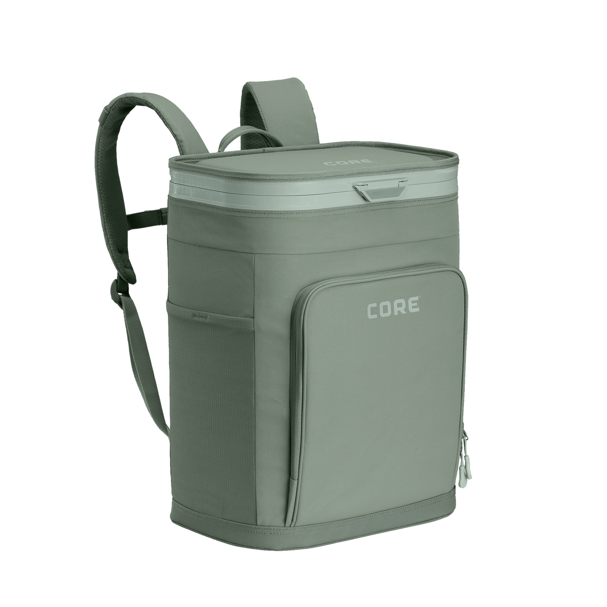 CORE Flipback 26 can backpack cooler side view in sage with a shoulder strap.