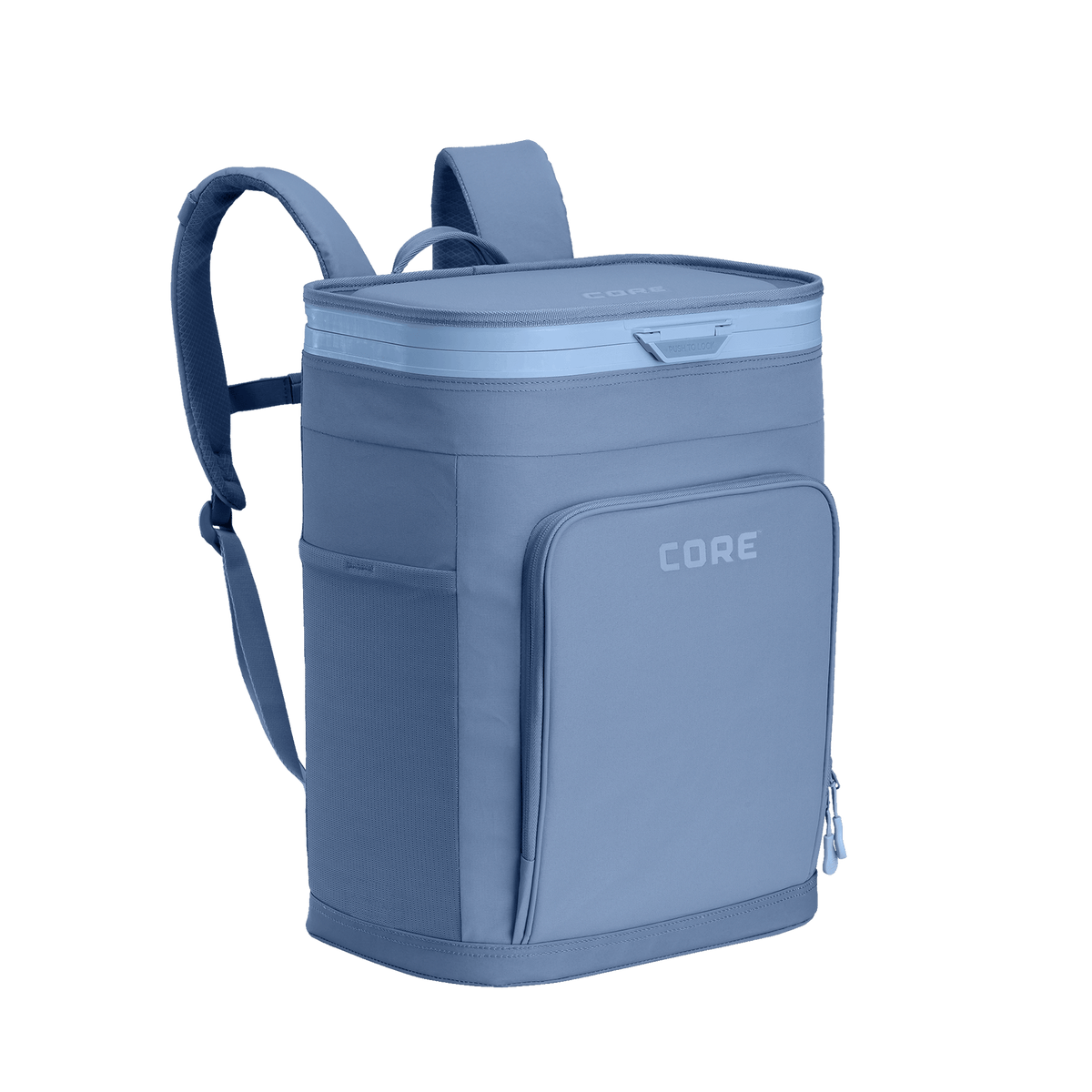 CORE Flipback 26 can backpack cooler side view in steel blue with a shoulder strap.