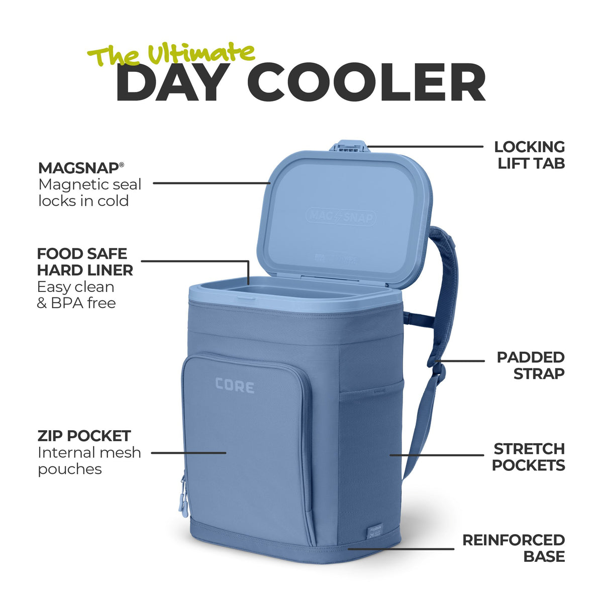 Graphic showing an open soft cooler with labeled features including MagSnap lid, BPA-free hard liner, padded strap, pockets, and reinforced base.