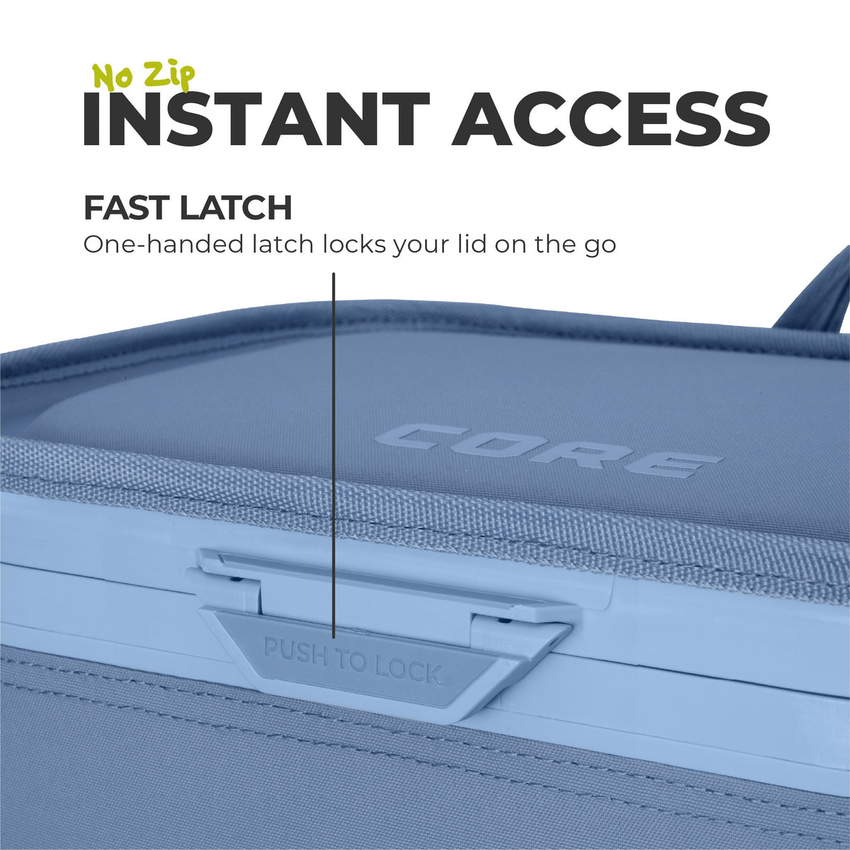 Close up of fast latch lid on Flipback steel blue 26 can cooler.