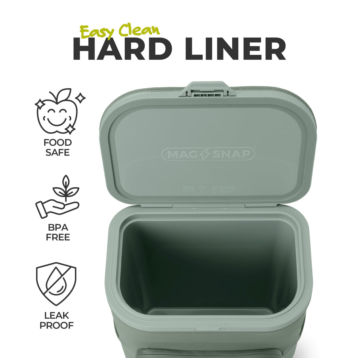 A sage green Magsnap hard liner container with its lid open, shown on a white background with promotional text and icons for food safety, BPA free, and leak proof.