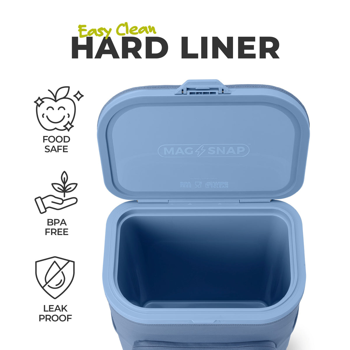 A steel blue Magsnap hard liner container with its lid open, shown on a white background with promotional text and icons for food safety, BPA free, and leak proof.