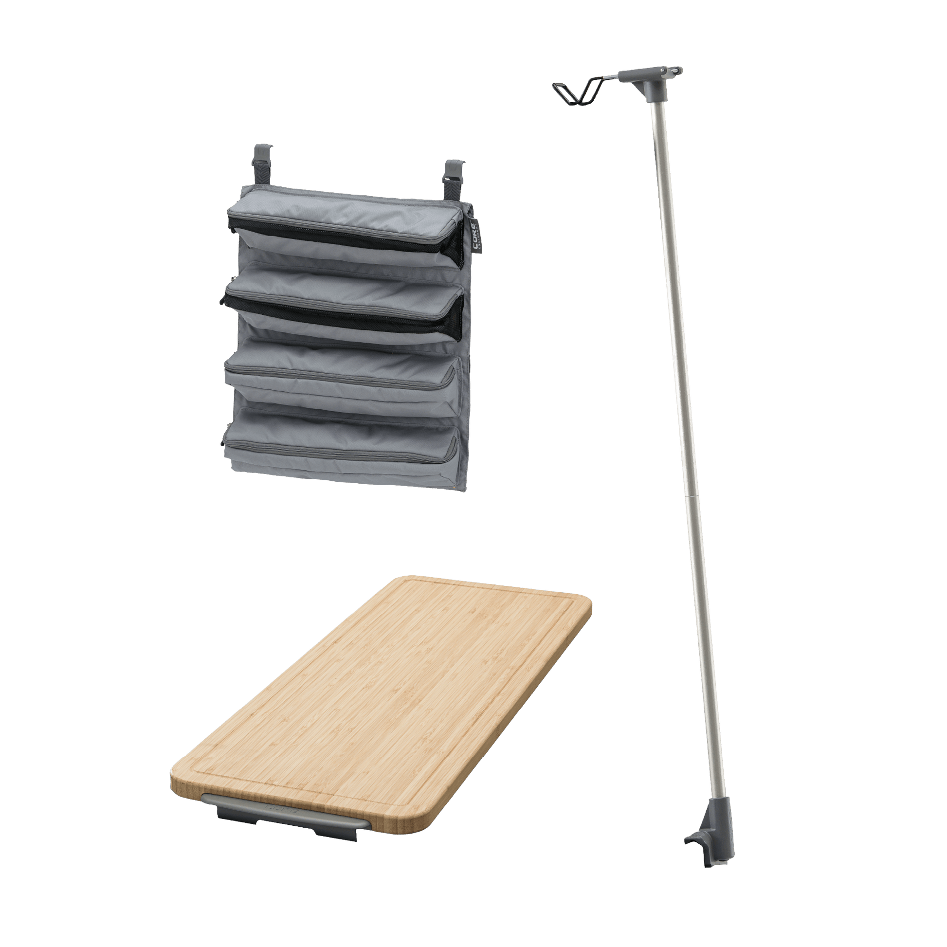 CORE camp kitchen accessory bundle with 5 foot bamboo cutting board, lantern holder, and hanging organizer.