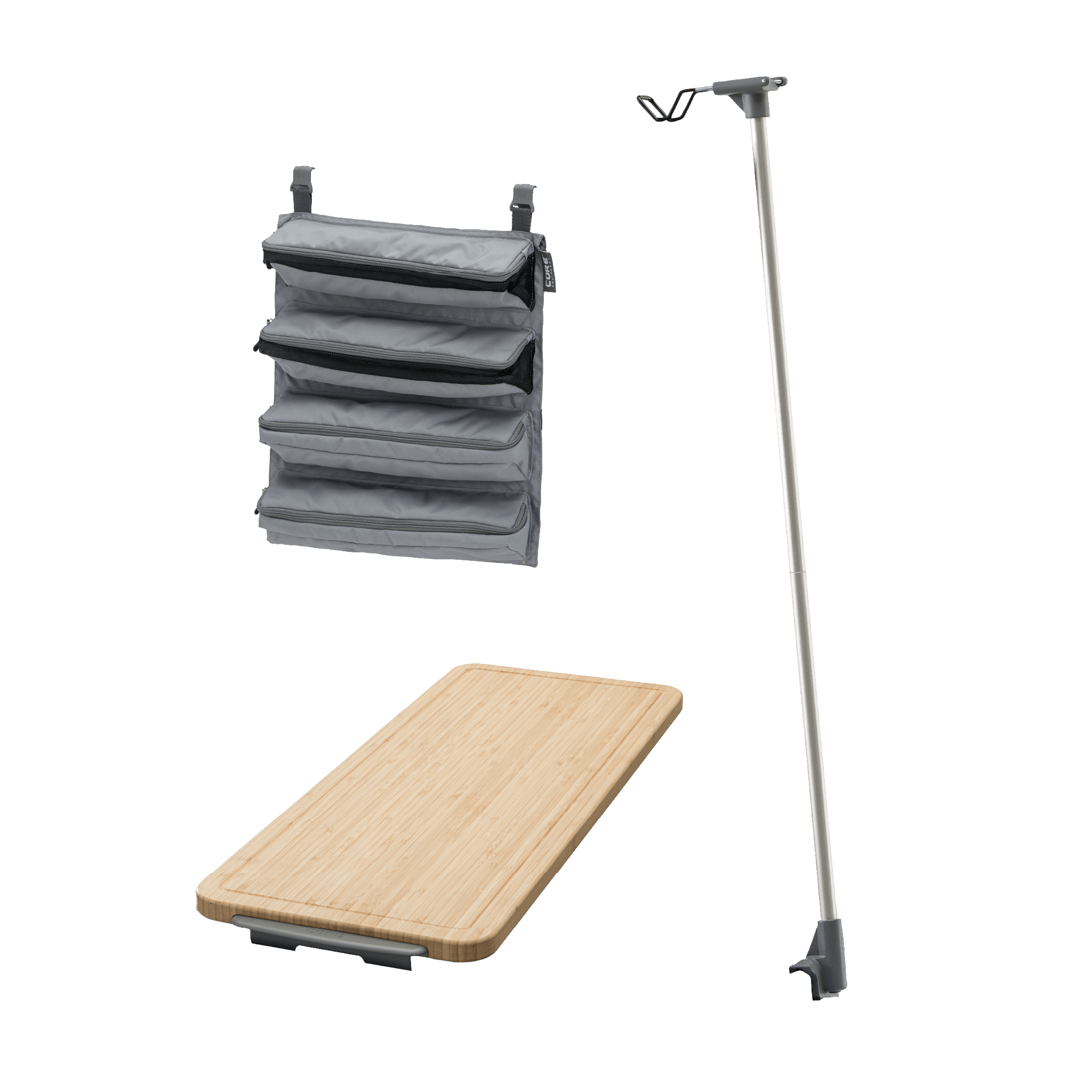 CORE camp kitchen accessory bundle with 5 foot bamboo cutting board, lantern holder, and hanging organizer.