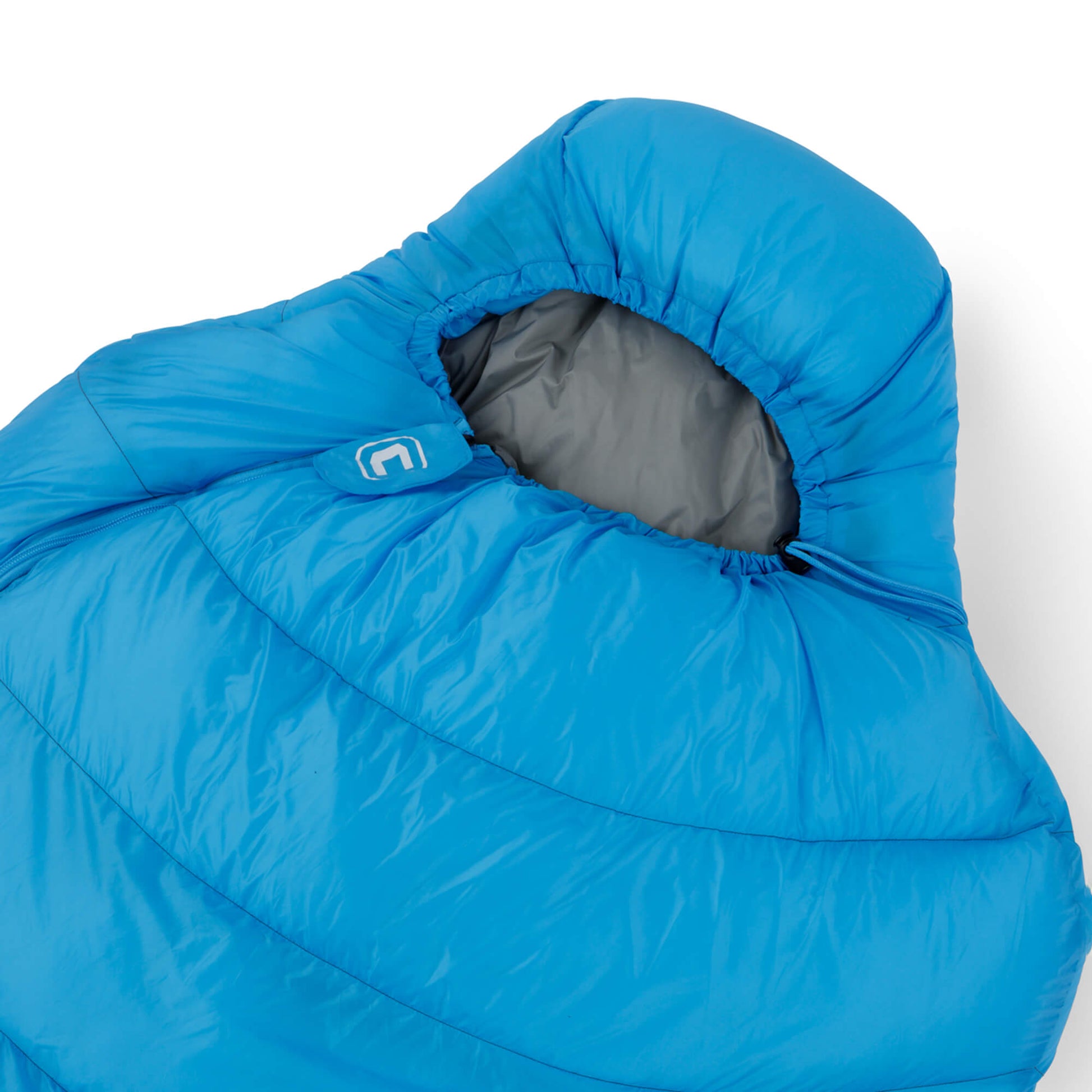 Blue 30 degree sleeping bag with gray interior and hood cinched.