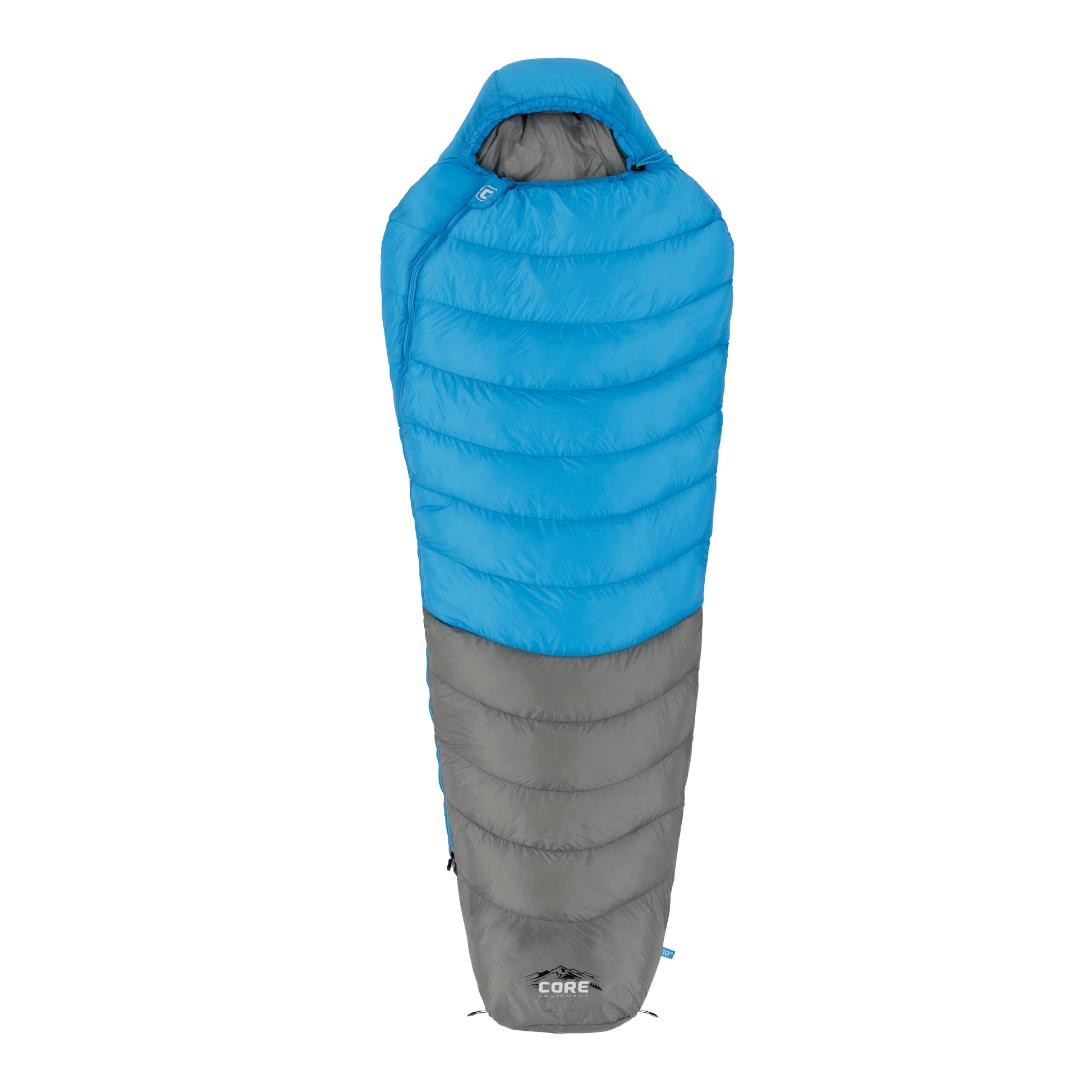 Blue and gray 30 degree sleeping bag with CORE branding.