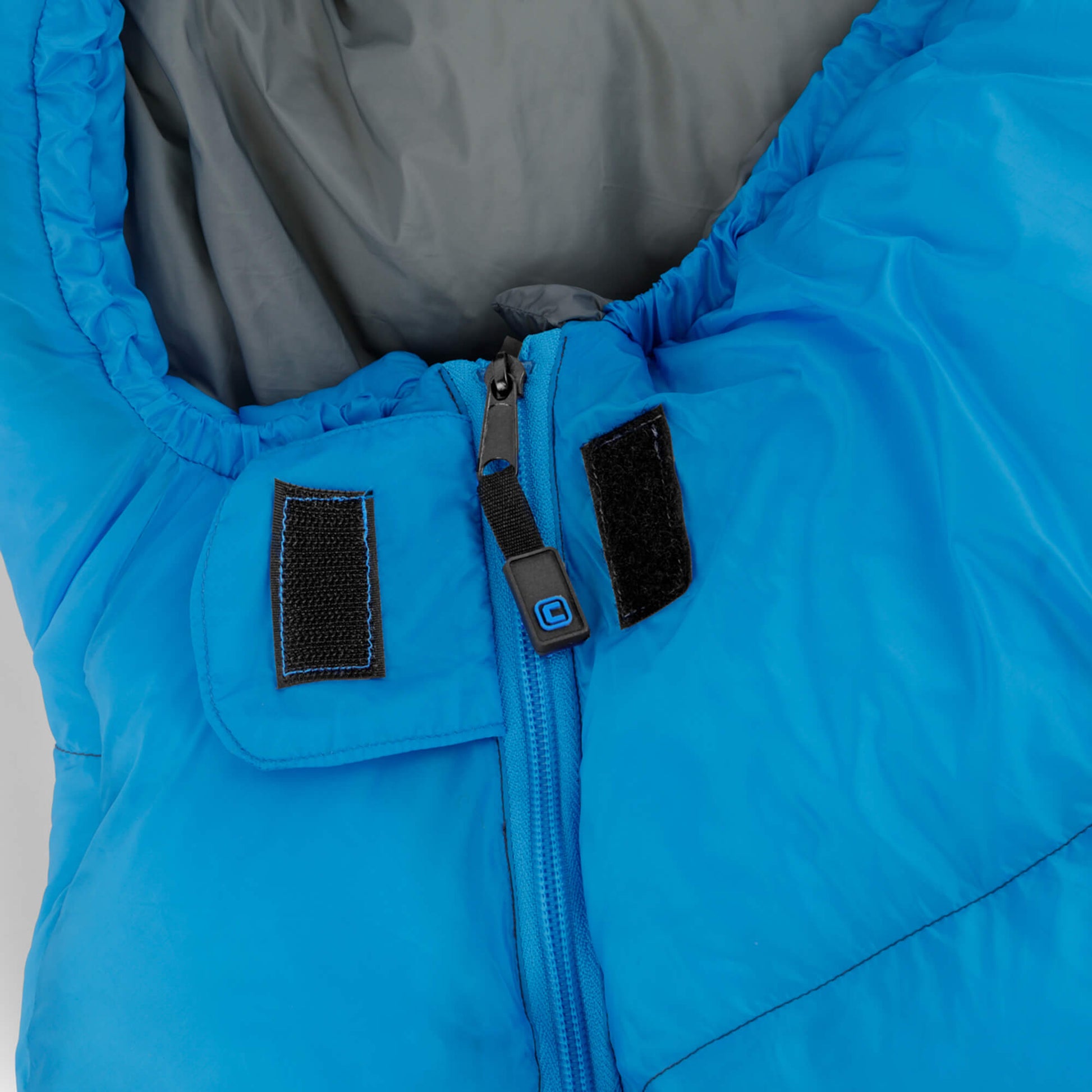 Close-up of a 30 degree sleeping bag with a hood and zipper.