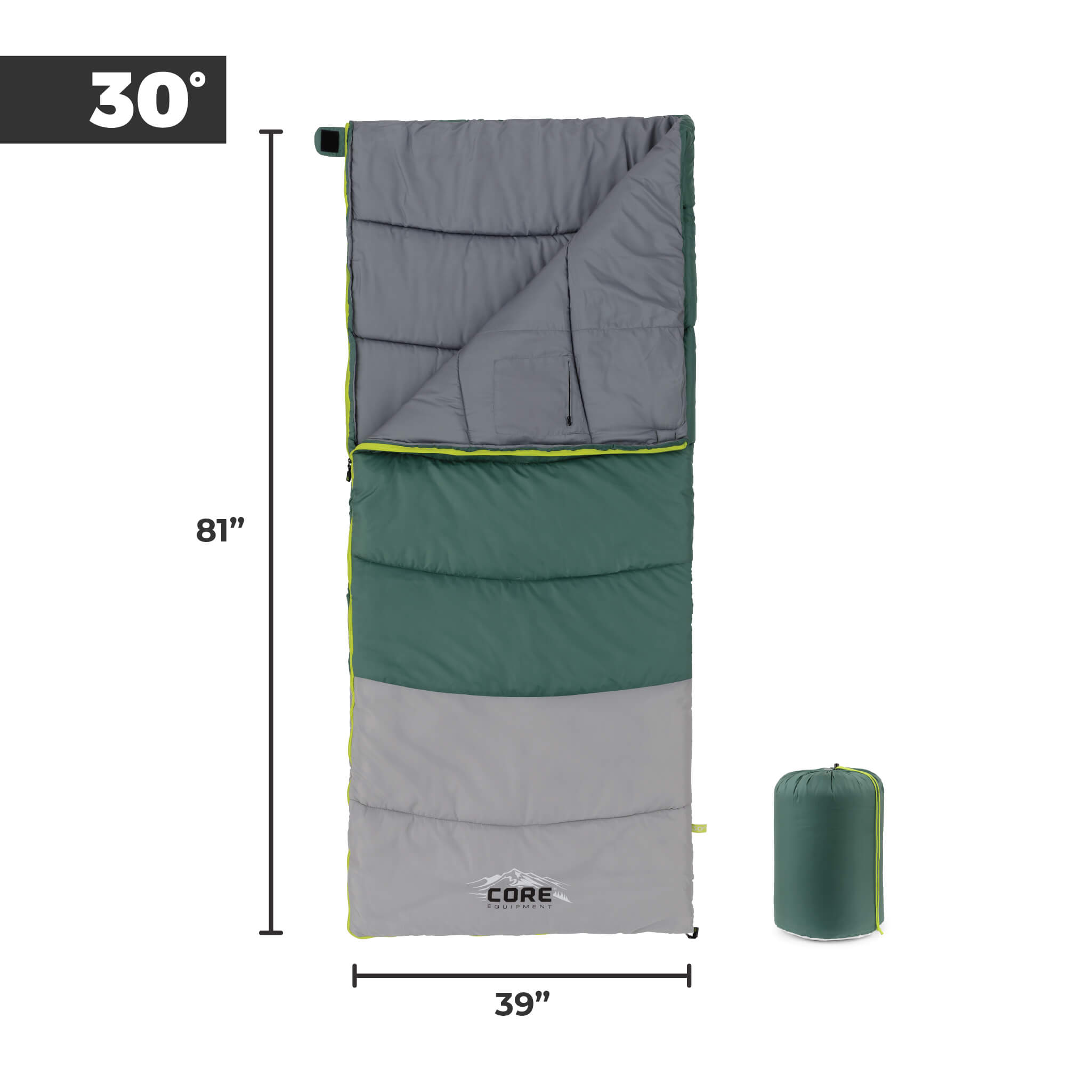CORE 30 degree rectangular sleeping bag dimensions, 81 inches long by 39 inches wide.