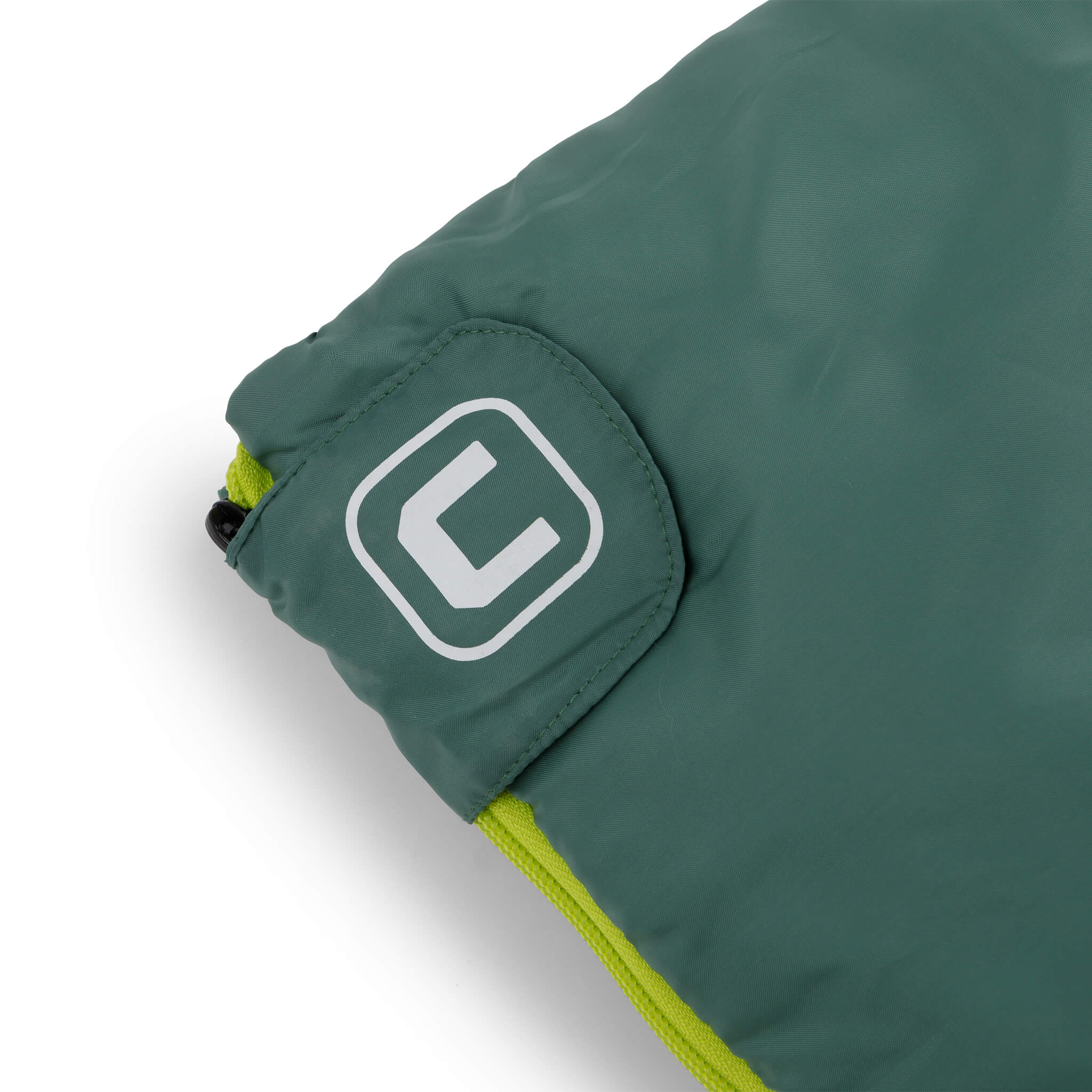 Close-up of CORE 30 degree sleeping bag logo patch on zipper cuff.