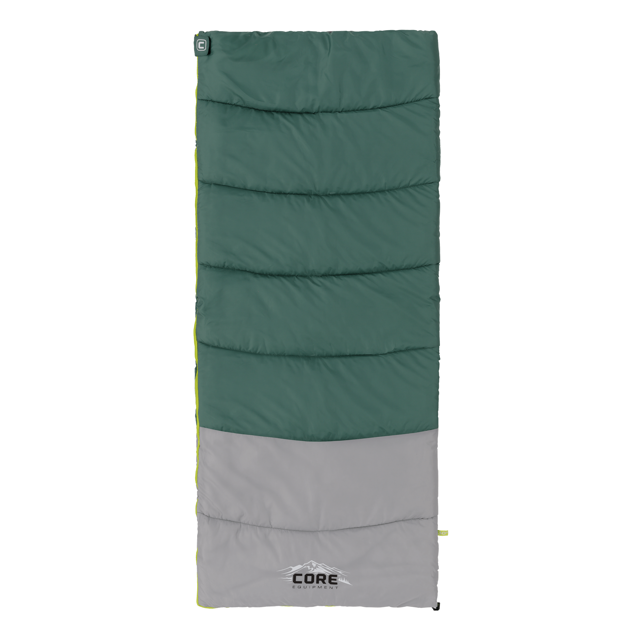 CORE 30 Degree rectangular sleeping bag in green and gray with logo at the bottom.