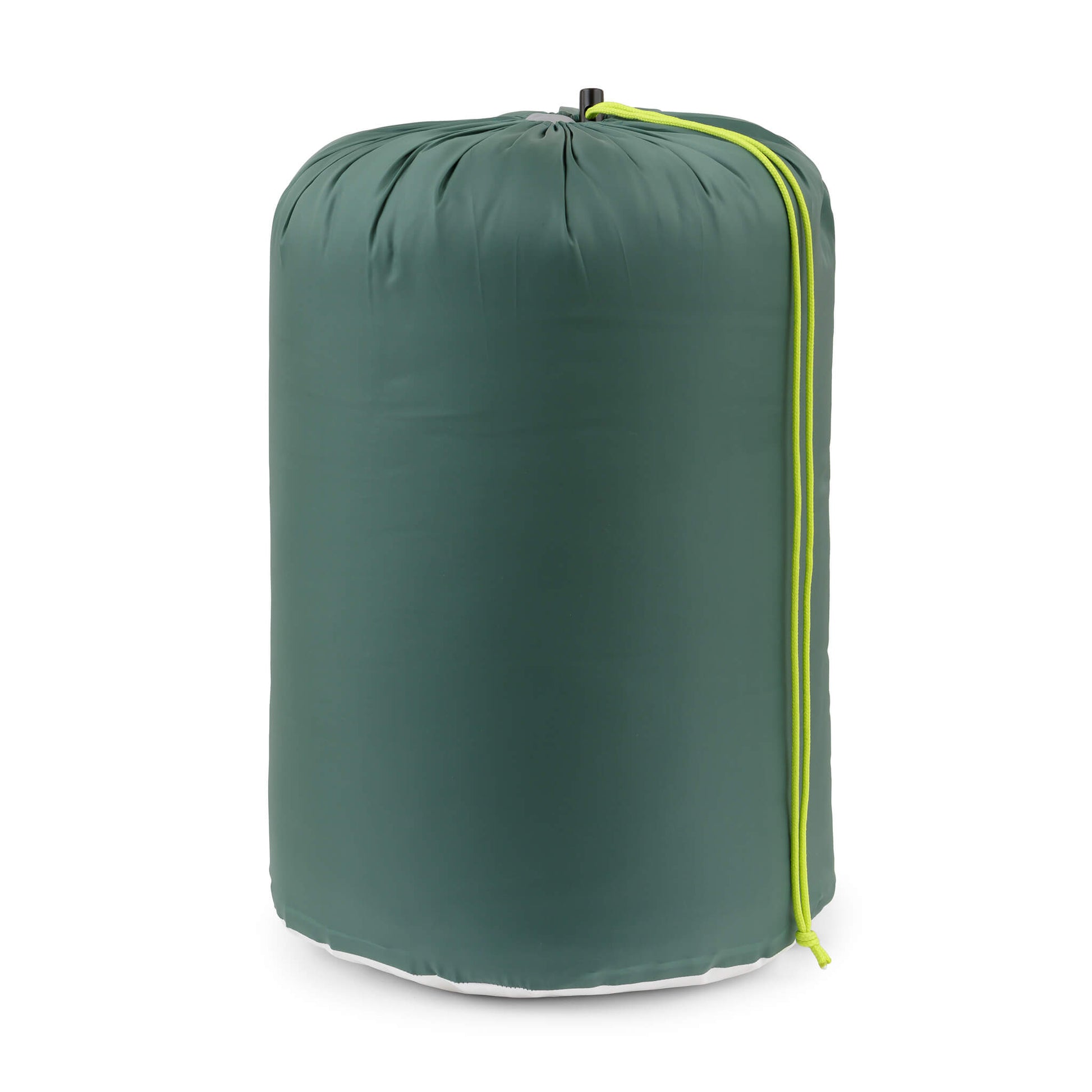 CORE 30 degree sleeping bag packed into green stuff sack with a lime green drawcord.