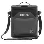 CORE Climakeep 36 can cooler front view in charcoal with a waterproof design and a shoulder strap.