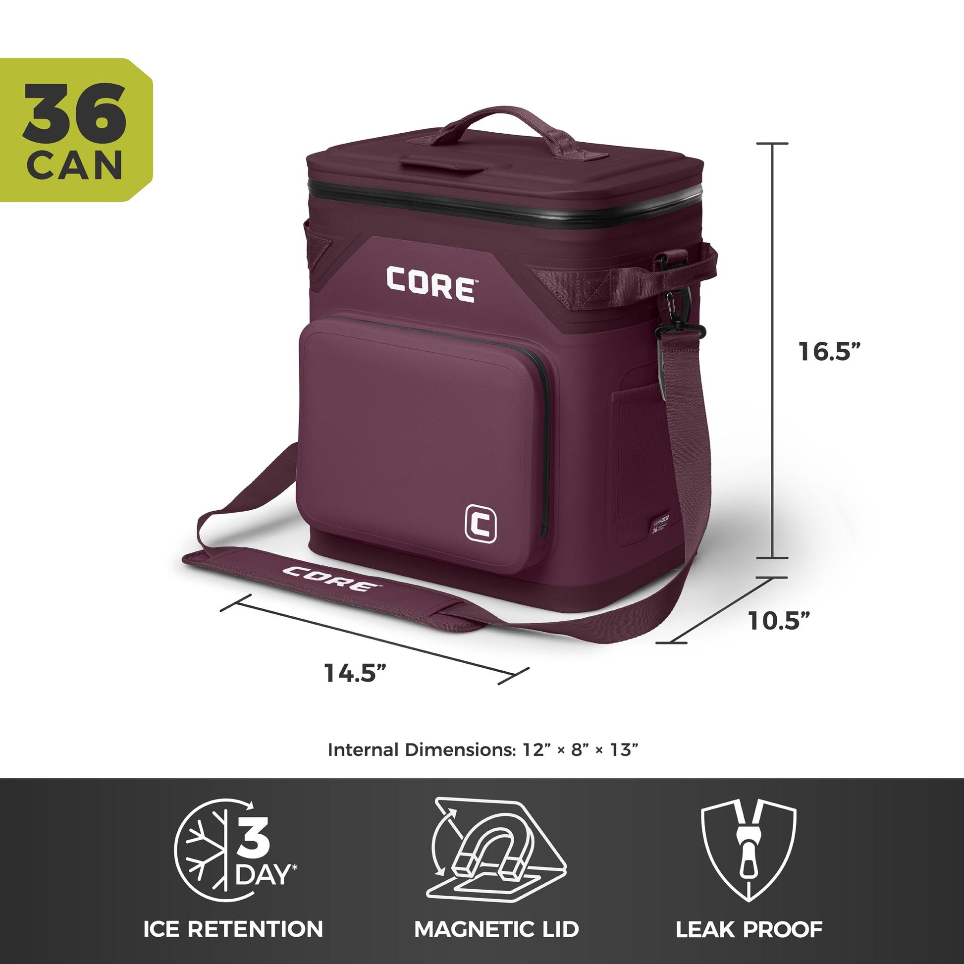 CORE Climakeep 36 can mulberry cooler, 16.5 x 14.5 x 10.5 in, with 3-day ice retention, magnetic lid, and leakproof design.