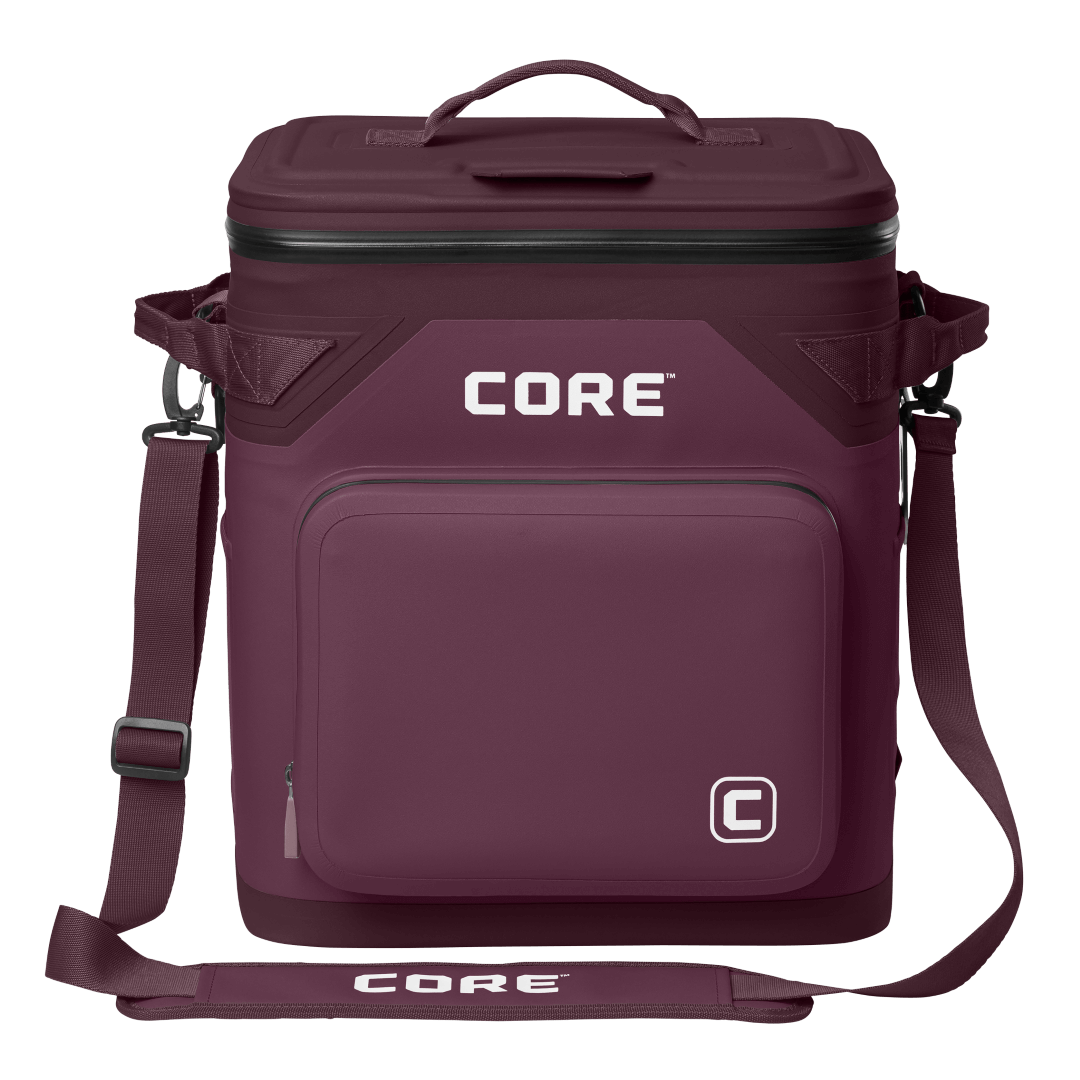 CORE Climakeep 36 can cooler front view in mulberry with a waterproof design and a shoulder strap.