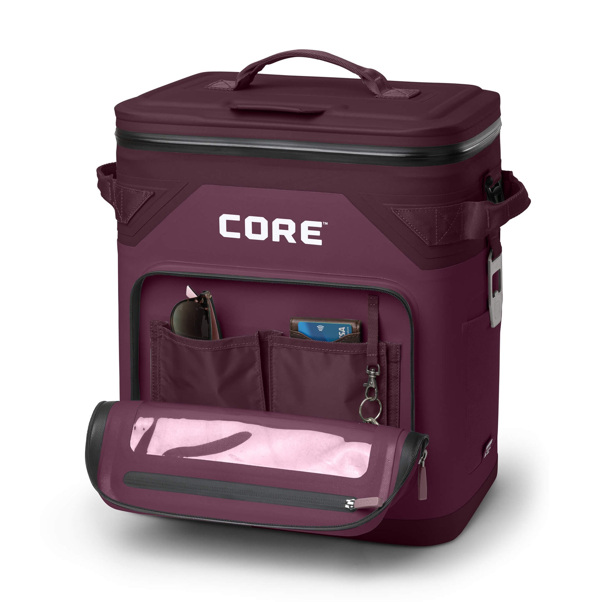 CORE Climakeep 36 Can Cooler in Mulberry with front pocket open, side bottle opener, and waterproof design.